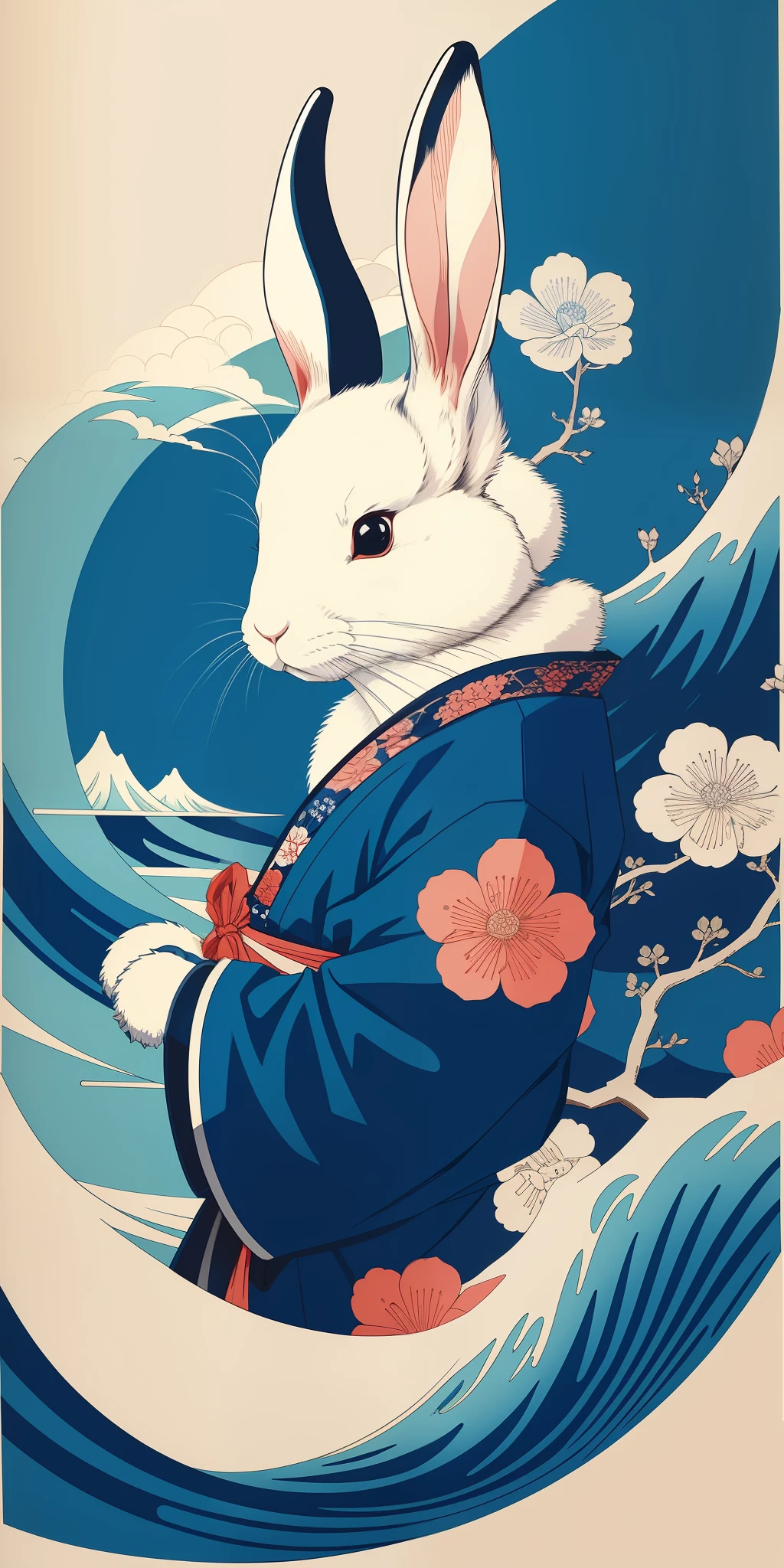 Rabbit, Katsushika Hokusai style, color blue