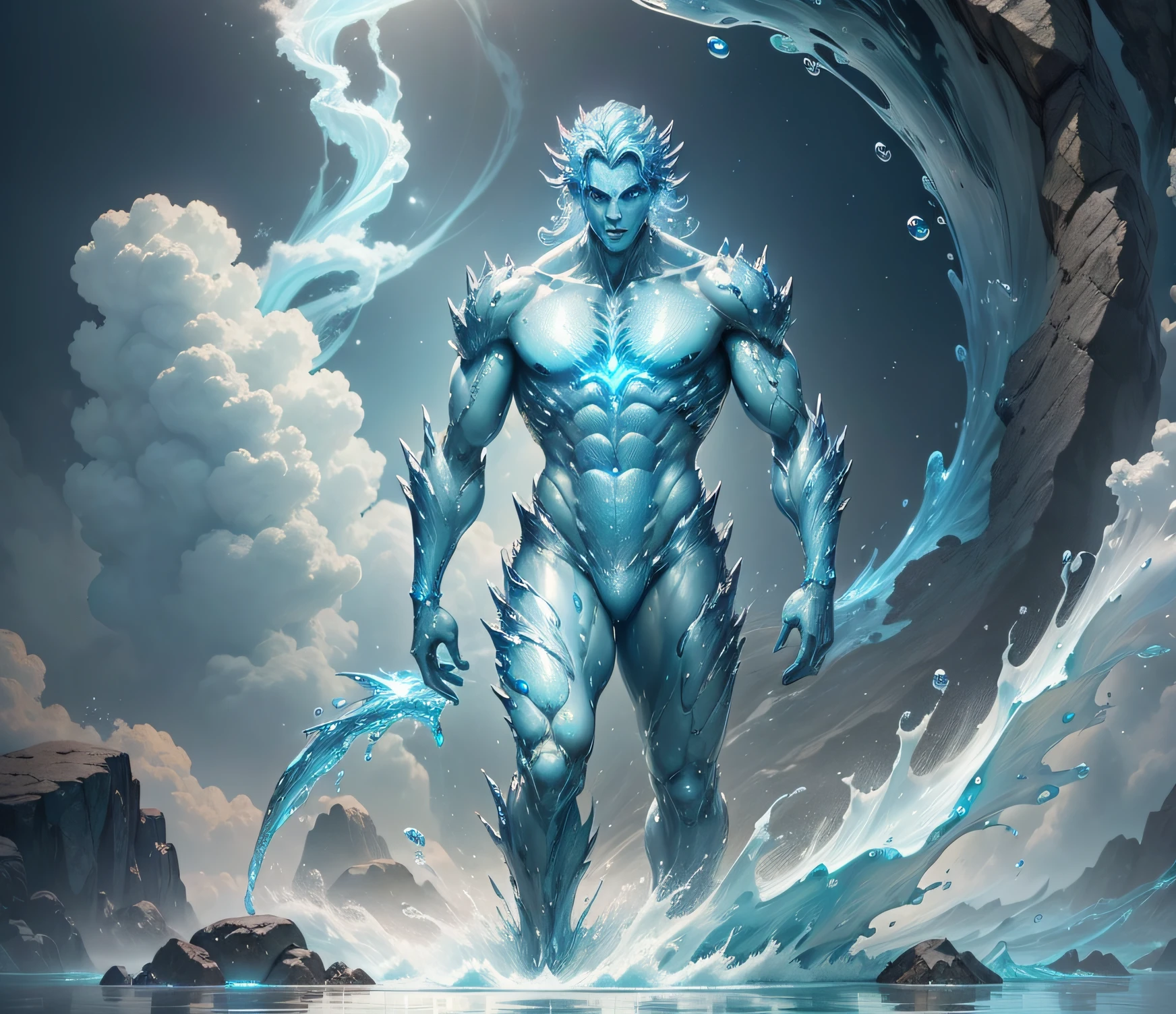 4k realistic, (water elemental, humanoid body made out of water:1.2) sapphire aesthetic, full body, sky background, fantasy art, being made of water, water body, water monster, male, male elemental, masculine