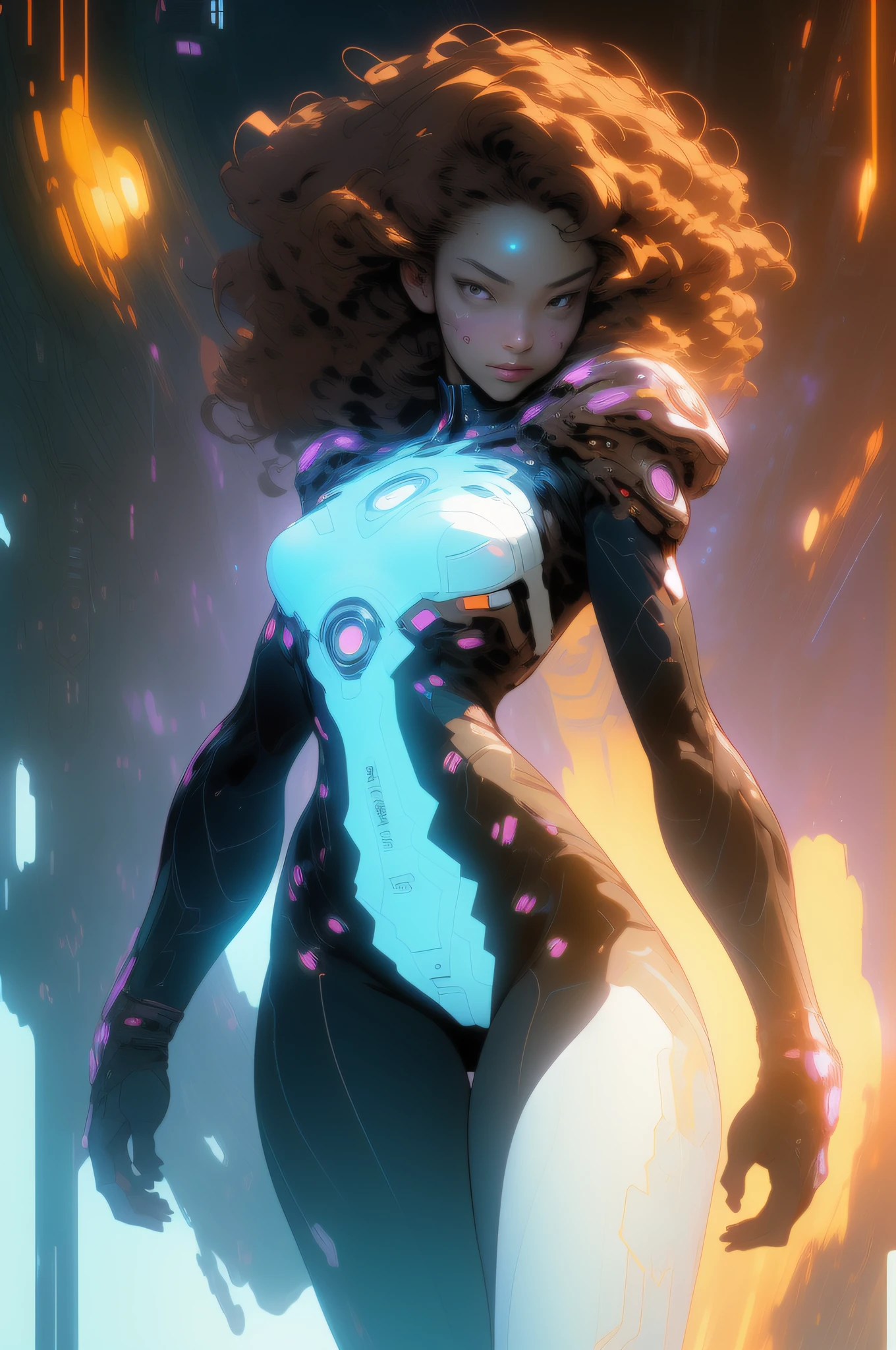 ((Best quality)), ((masterpiece)), (detailed: 1.4), (Absurd), Latina woman, defined body, half thick thighs, closed mouth, covered in technological clothing, Neon Genesis Evangelion style, cyberpunk, ((small breasts)), (brown eyes), ((clothing in the colors of the Brazilian flag)), (((brown curly hair)))), (include 5-pointed stars in the uniform), close to the real, psychopathic, crazy face, sexy pose, in the background a futuristic military installation, super detailed shoulder pads, by mucha, niji --V5, centered, scale to fit dimensions, HDR (High Dynamic Range),Ray Tracing,NVIDIA RTX,Super-Resolution,Unreal 5,Subsurface dispersion, PBR texture, Post-processing, Anisotropic filtering, Depth of field, Maximum clarity and sharpness, Multilayer textures, Albedo and specular maps, Surface shading, Accurate simulation of light-material interaction, Perfect proportions, Octane Render, Two-tone lighting, Wide aperture, Low ISO, White balance, Rule of thirds, 8K RAW, crysisnanosuit