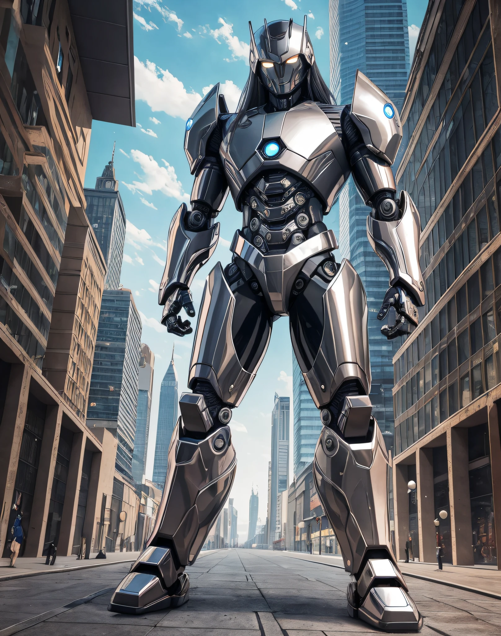 Two-faced man, full body, half robot, looks intimidating, wearing metallic clothes, long hair, looking forward, realistic HD style, wallpaper
