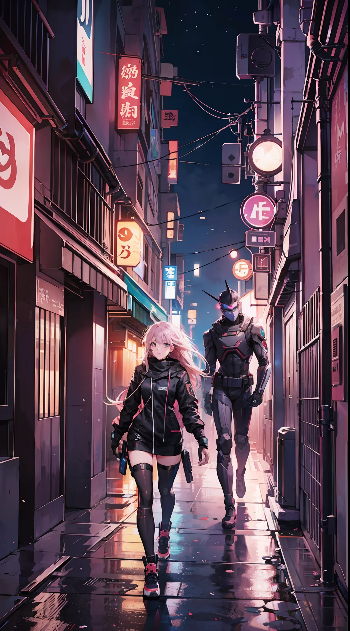 female, high quality, 4k, anime, Cyber Punk, walking through ally way, bounty hunter, Night City