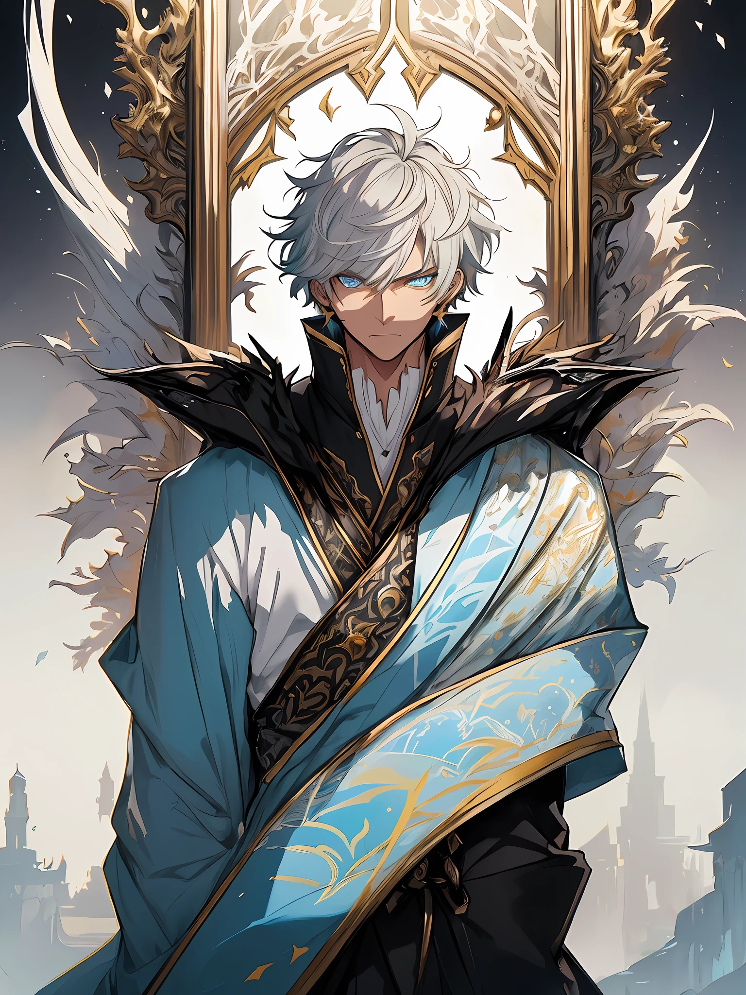 An image of noble prince, clean design, epic instagram, artstation, colorful paint splatter, silhouette, hyper detailed intricate details, unreal engine, fantasy, intricate details, splash screen, complementary colors, Fantasy concept art, 8k resolution, deviantart masterpiece, oil painting, heavy strokes, paint dripping, (isolated on white background: 1.3), rainbow skin, (((handsome young man))), ((teenage:1.5) ), (glowing blue eyes), ((light eyes)), ((((short white hair: 1.1))), ((black clothes)), (prince\\(indifferent expression\\),, ( ((Wears high detail luxurious regal attire))), white hair, (chest) --v 6