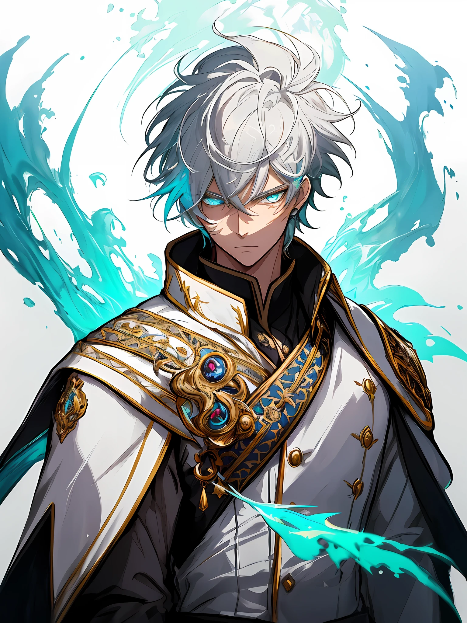 An image of noble prince, clean design, epic instagram, artstation, colorful paint splatter, silhouette, hyper detailed intricate details, unreal engine, fantasy, intricate details, splash screen, complementary colors, Fantasy concept art, 8k resolution, deviantart masterpiece, oil painting, heavy strokes, paint dripping, (isolated on white background: 1.3), rainbow skin, (((handsome young man))), ((age:1.5) ), (glowing blue eyes), ((light eyes)), ((((short white hair: 1.1))), ((black clothes)), (prince\\(indifferent expression\\),, ( ((Wears high detail luxurious regal attire))), white hair, (chest) --v 6