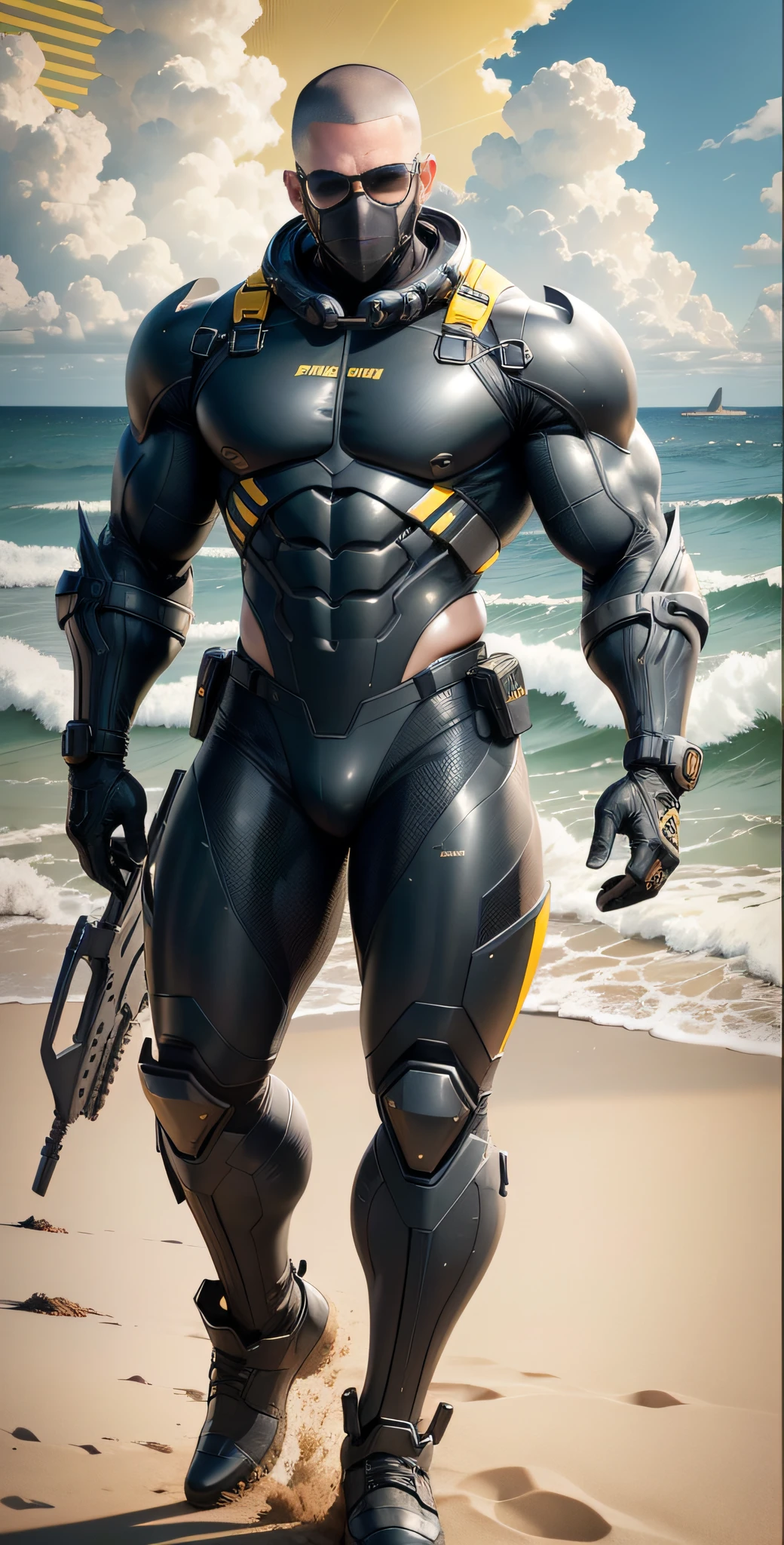 Man in yellow and black clothes standing on the sunny beach, muscular man, American round inch, Buzz cut, muscular! Wearing black sunglasses, mechanical mask, round-inch Buzz Cut, stealth suit, symmetrical pattern texture design, optimal image quality and resolution, character design special forces, black military boots, attractive strong male and armor, weaving sunlight shining through the clouds