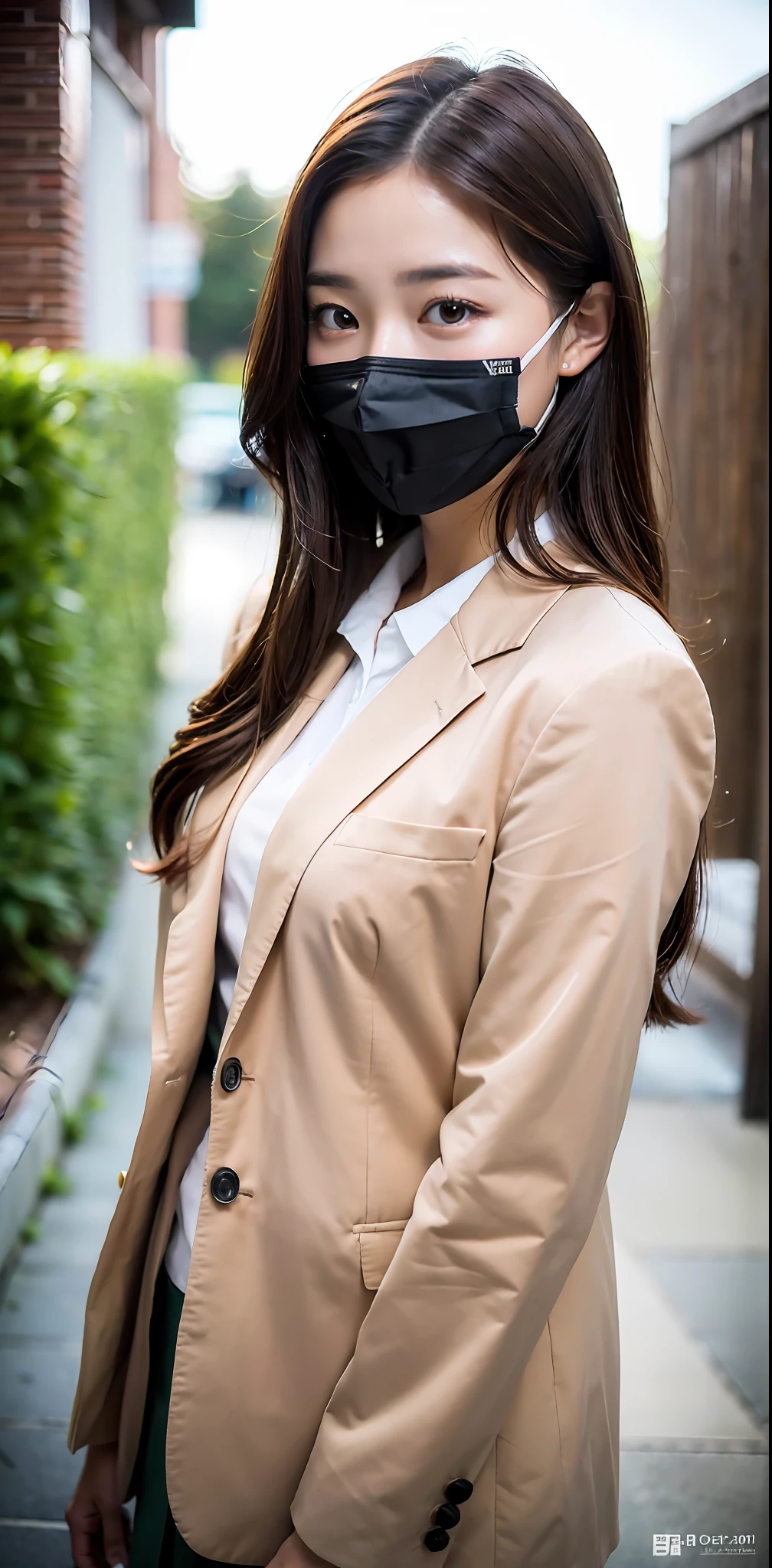 (8k, RAW photo, top quality, masterpiece: 1.2), (realistic, photorealistic: 1.37), super detailed, (detail beautiful girl: 1.4), 1 girl, brown hair, wearing a mask, high school student, uniform, blazer