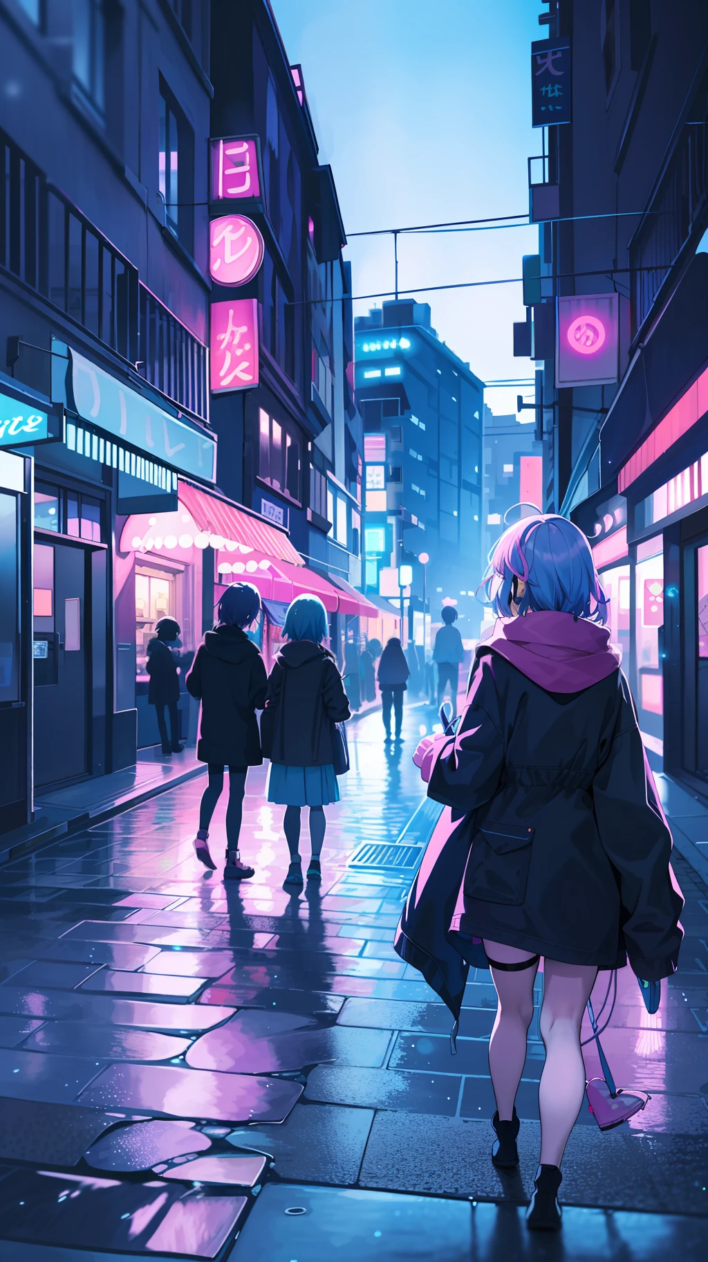Title: "LoFi Relaxing Scene"
Keywords:
LoFi girl
Urban night environment
Skyscraper
Neon lights
Soft tones (blue, pink, purple)
Narrow street
Cobblestones
Puddles of water
Cafes, shops and bars
Inviting lights
People walking slowly
Comfortable and stylish clothes
Headphones
Illuminated dust particles
Falling leaves
Peace
Nostalgia
4k anime