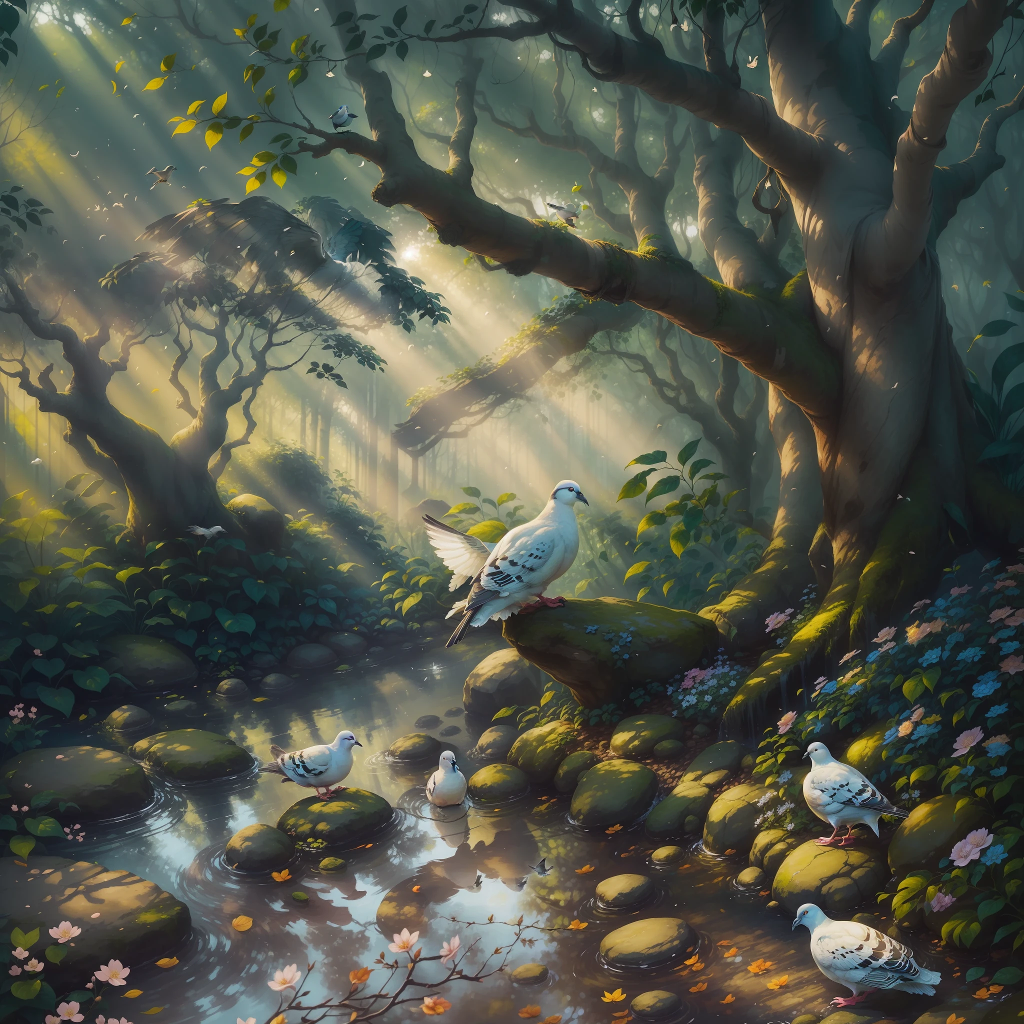 A charming scene unfolds before the eyes, where a white pigeon is perched on a branch of a tree in a picturesque garden. Delicate, fragrant flowers bloom around, spreading a palette of soft, tranquil colors. A stream meanders through the plants, emitting a relaxing sound of running water. Colorful butterflies dance in the air, while rays of sunshine gently filter through the treetops, creating a play of light and shadow. The harmony between nature and the peaceful presence of the pigeon conveys a sense of deep peace and serenity.
