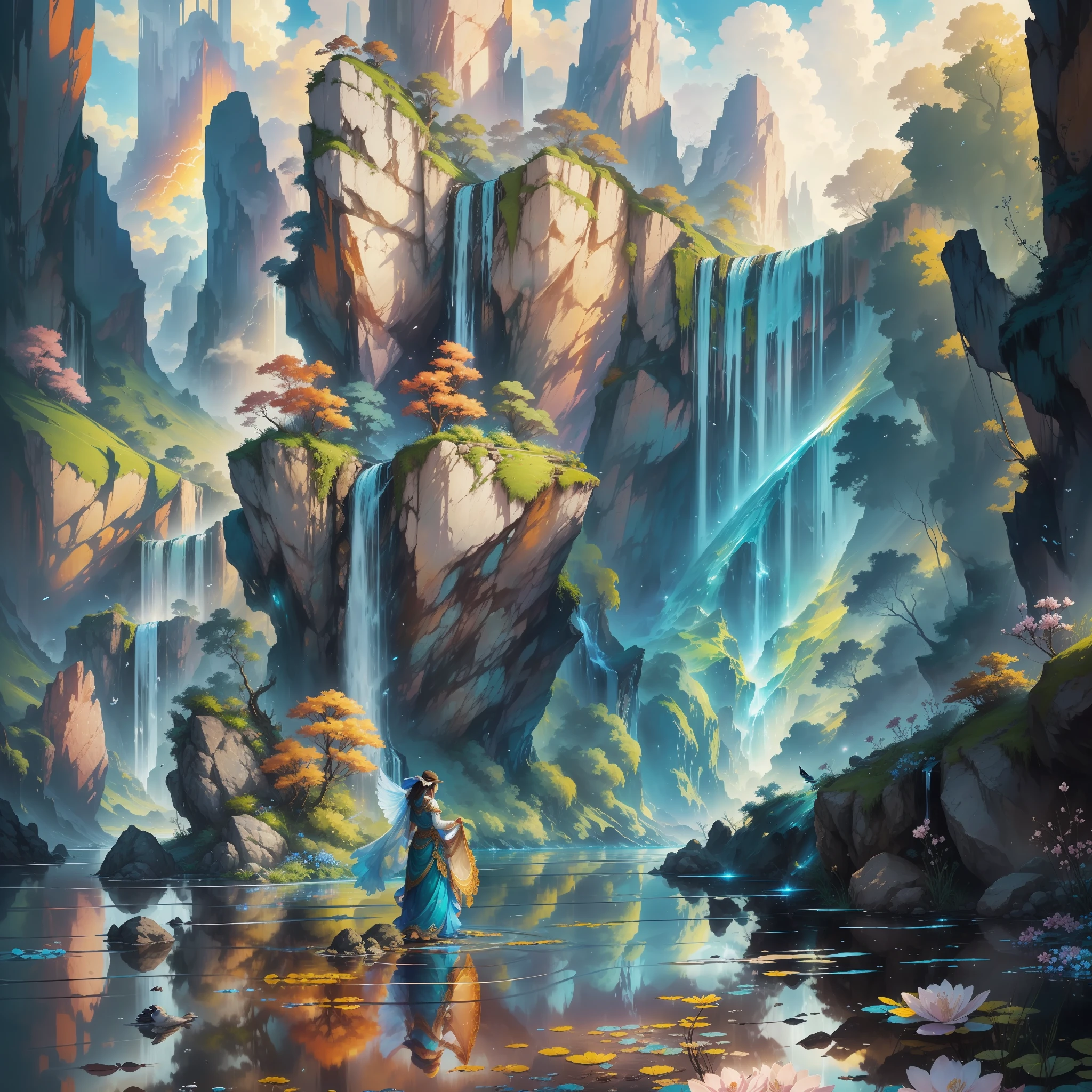 In this groundbreaking image, a pigeon hovers gently in the blue sky, while below it stretches a stunning landscape. A waterfall curves delicately, pouring a curtain of crystal clear water into a tranquil lake. Exotic flowers bloom on the margins, in an explosion of vibrant colors. The sun shines with a golden light, creating dazzling reflections on the serene surface of the water. The whole scene seems wrapped in a magical atmosphere, conveying a sense of peace and enchantment.