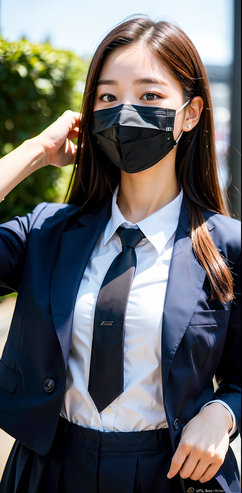(8k, RAW photo, top quality, masterpiece: 1.2), (realistic, photorealistic: 1.37), ultra detailed, (more beautiful girl: 1.4), 1 girl, brown hair, wearing a mask, high school student, dark blue uniform, urban