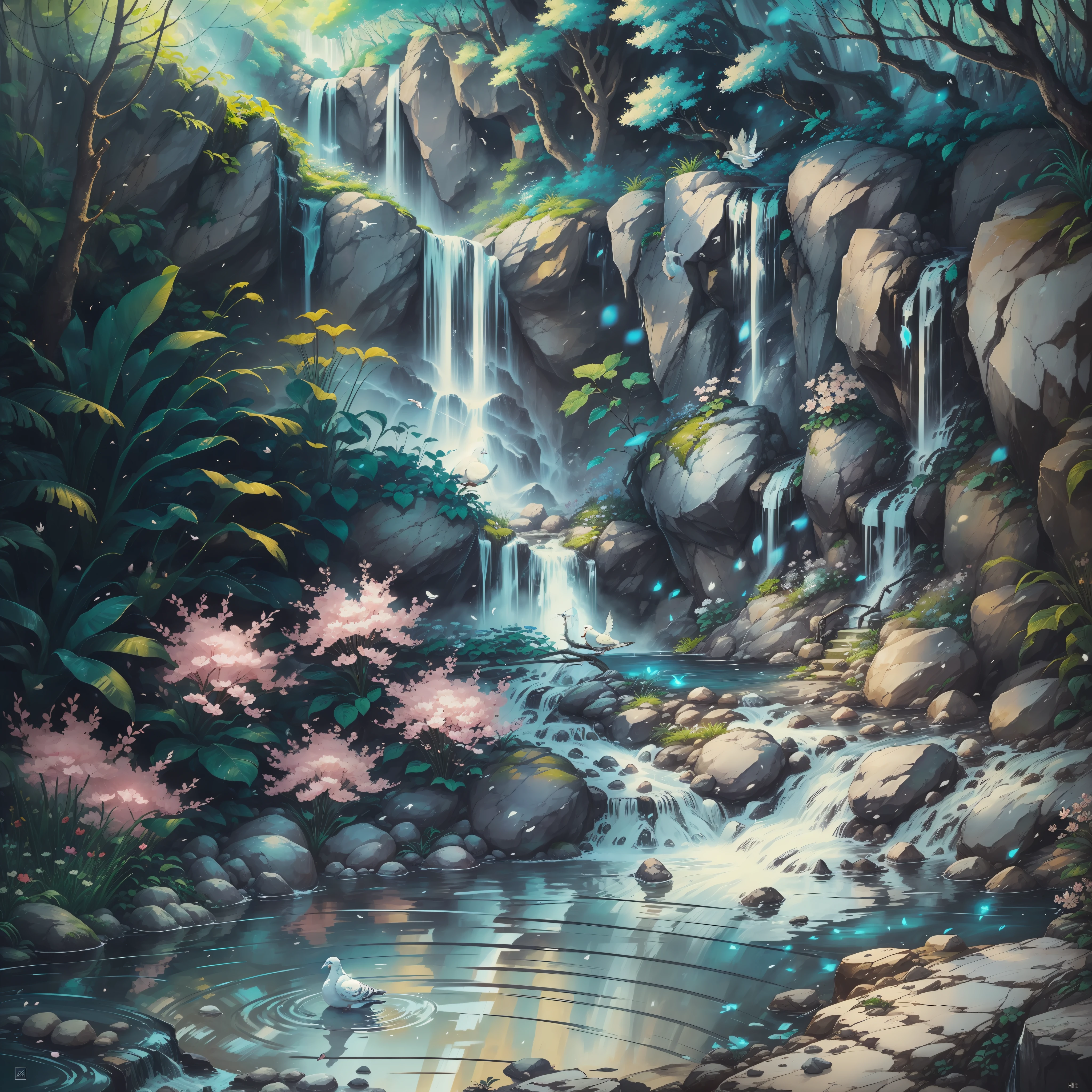 A white pigeon is perched on a rock near a magnificent waterfall. The crystal clear water cascades down, creating a gentle mist that surrounds the scenery. Around the waterfall, a garden filled with vibrant flowers stretches, creating a contrast of vibrant colors. The sound of moving water and the singing of birds convey a sense of serenity and tranquility. The pigeon, symbol of peace, is in perfect harmony with the nature around it, bringing a sense of calm and renewal.