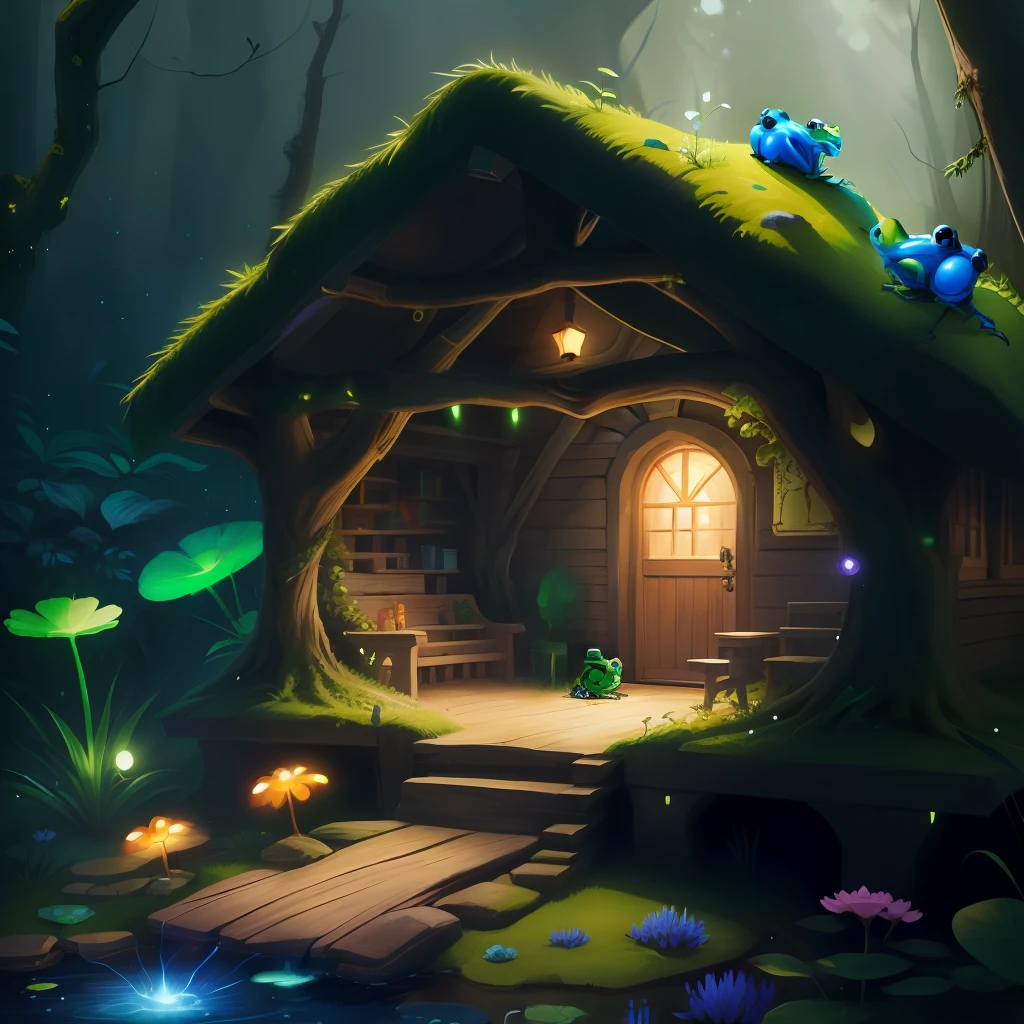 Cartoon of frog magician in forest