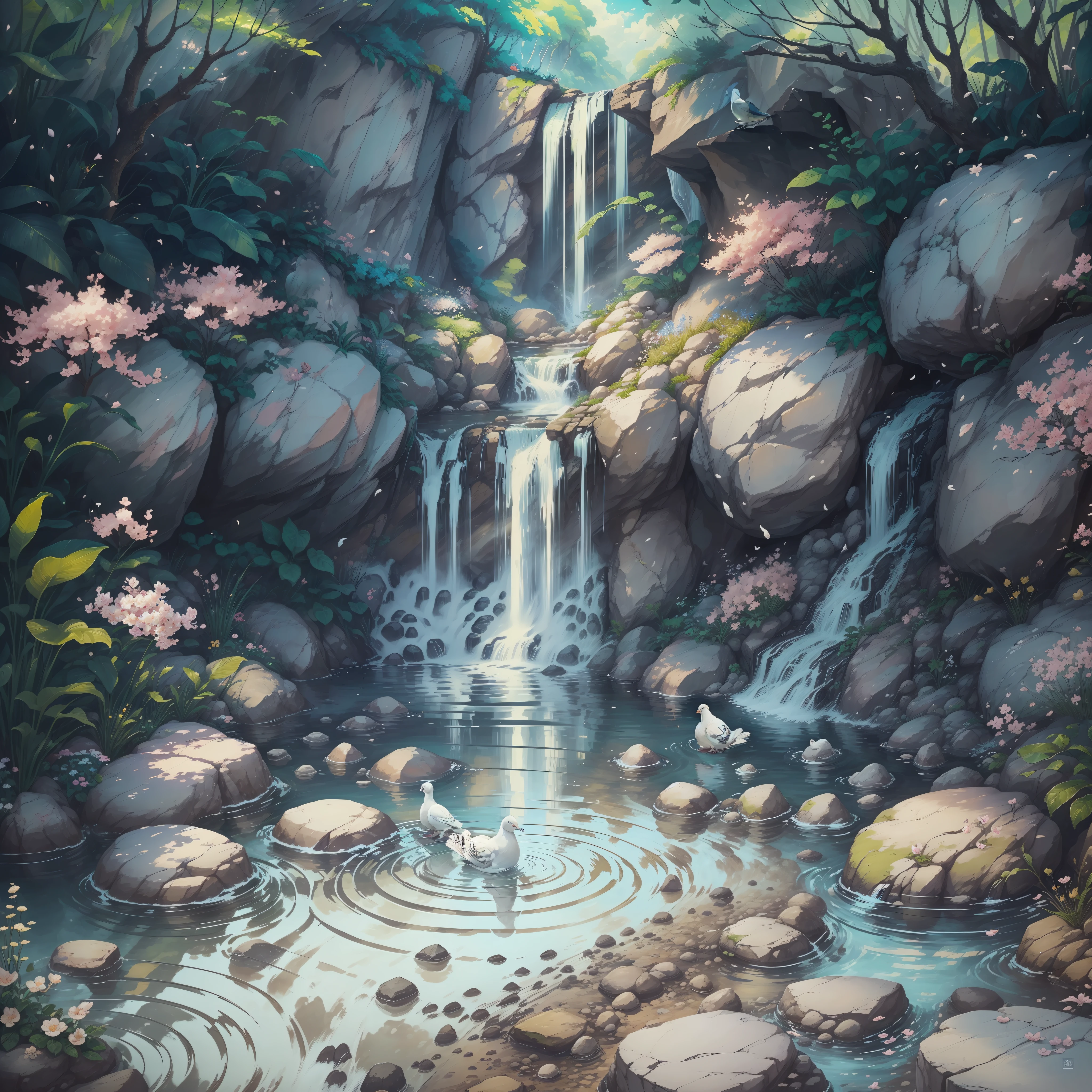 A white pigeon is perched on a rock near a magnificent waterfall. The crystal clear water cascades down, creating a gentle mist that surrounds the scenery. Around the waterfall, a garden filled with vibrant flowers stretches, creating a contrast of vibrant colors. The sound of moving water and the singing of birds convey a sense of serenity and tranquility. The pigeon, symbol of peace, is in perfect harmony with the nature around it, bringing a sense of calm and renewal.