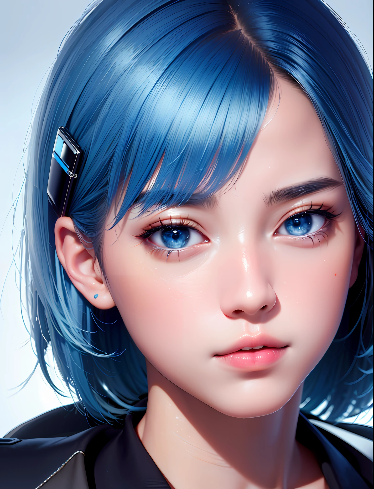 ultra realistic 8k cg, picture-perfect face, flawless, clean, masterpiece, professional artwork, 1girl, blue hair, short hair, ichigo, hairclip, uniform,