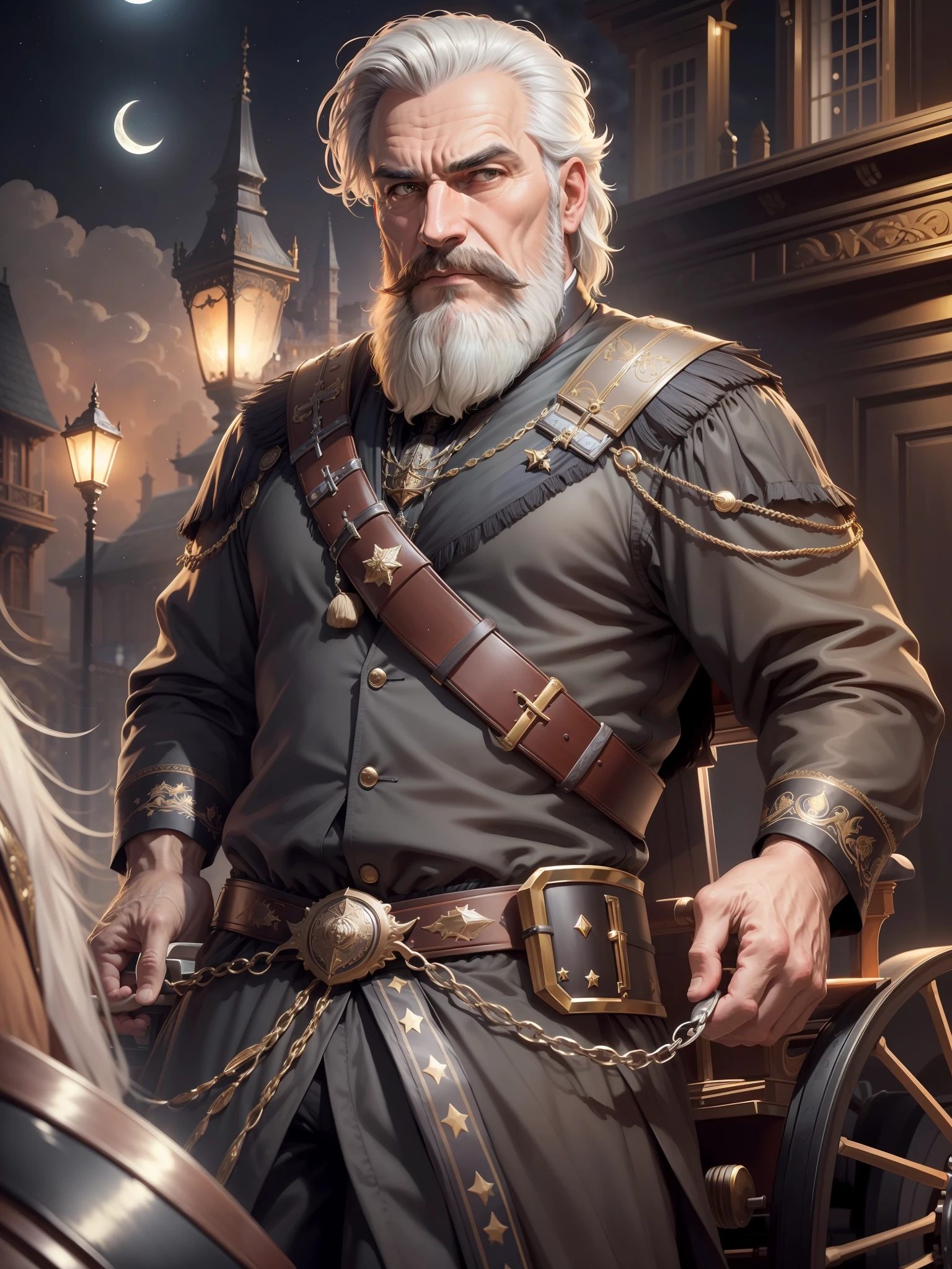 (mature man:1.3), solo, beard, stern look, (dark carriage:1.1), man drives a chariot with black horses, magic, fantasy, moon and stars in the background, ((masterpiece)), (high quality), (best quality), (detailed), perfect night lighting, detailed face, detailed body, full carriage