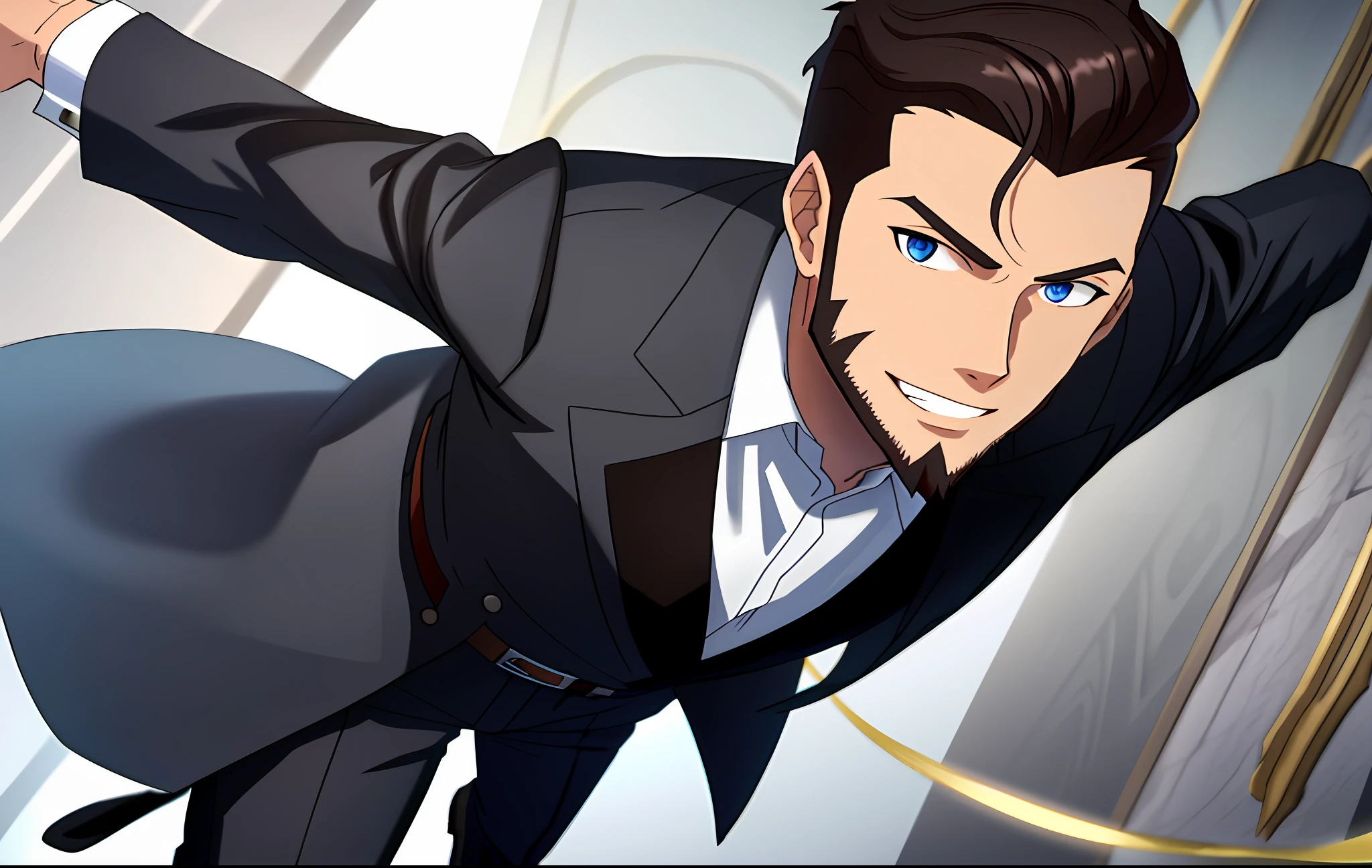 best quality, ultra high res, 1boy, male focus, (solo), solo focus, athletic, wiry frame, dark brown, slicked-back hair style, blue eyes, ((tailored dark gray coat)), white crisp shirt, slim-fitting black trousers, leather boots, sharp facial features, well-groomed beard, smiling, polished silver signet ring, (no moustache), looking at viewer, medieval town background, portrait