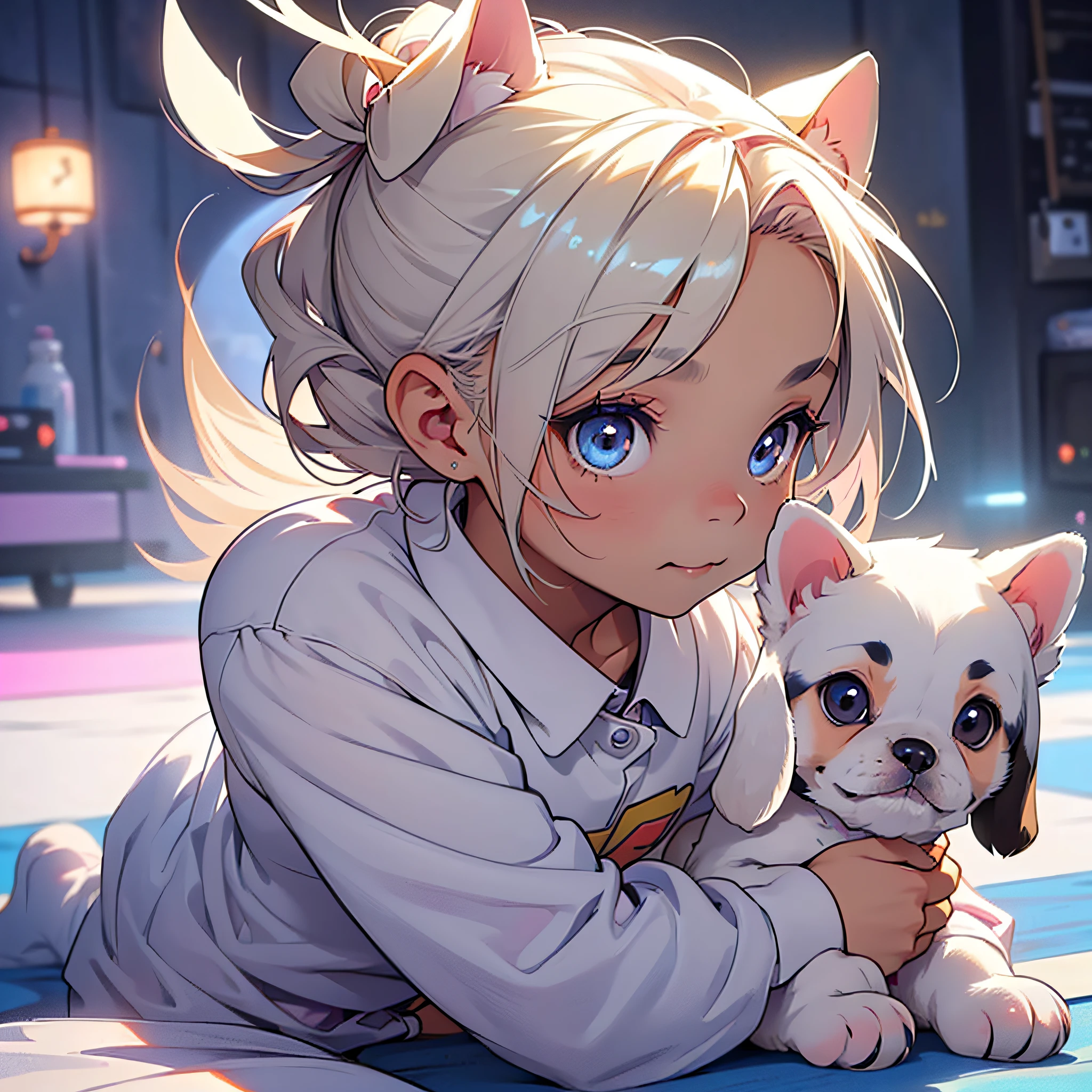 "(cute little one:1.1, beautiful puppy:1.3) → (adorable puppy with bright eyes:1.25)" -> A cute and adorable animal puppy with bright eyes and a soft, glowing skin.