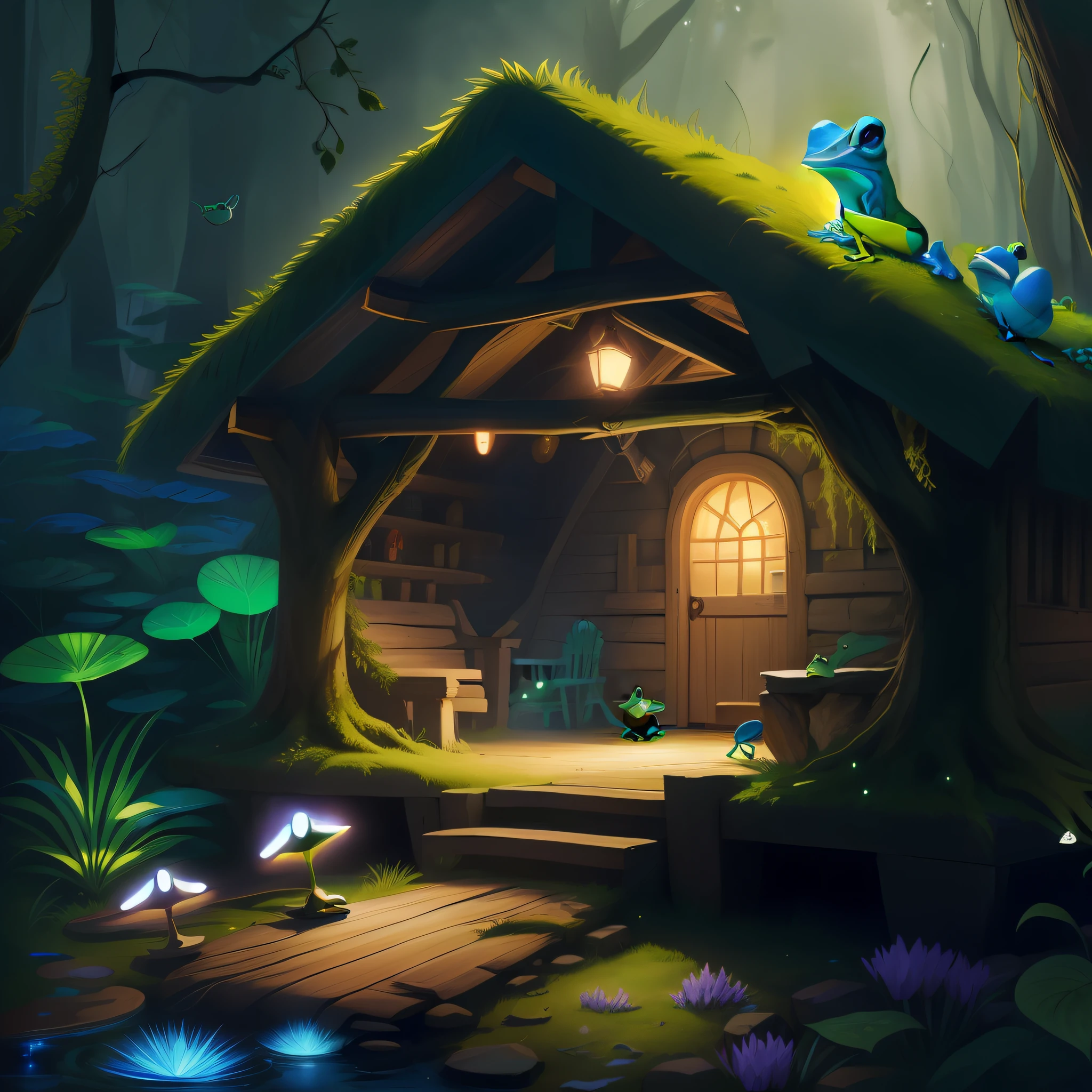 Cartoon of frog magician in forest