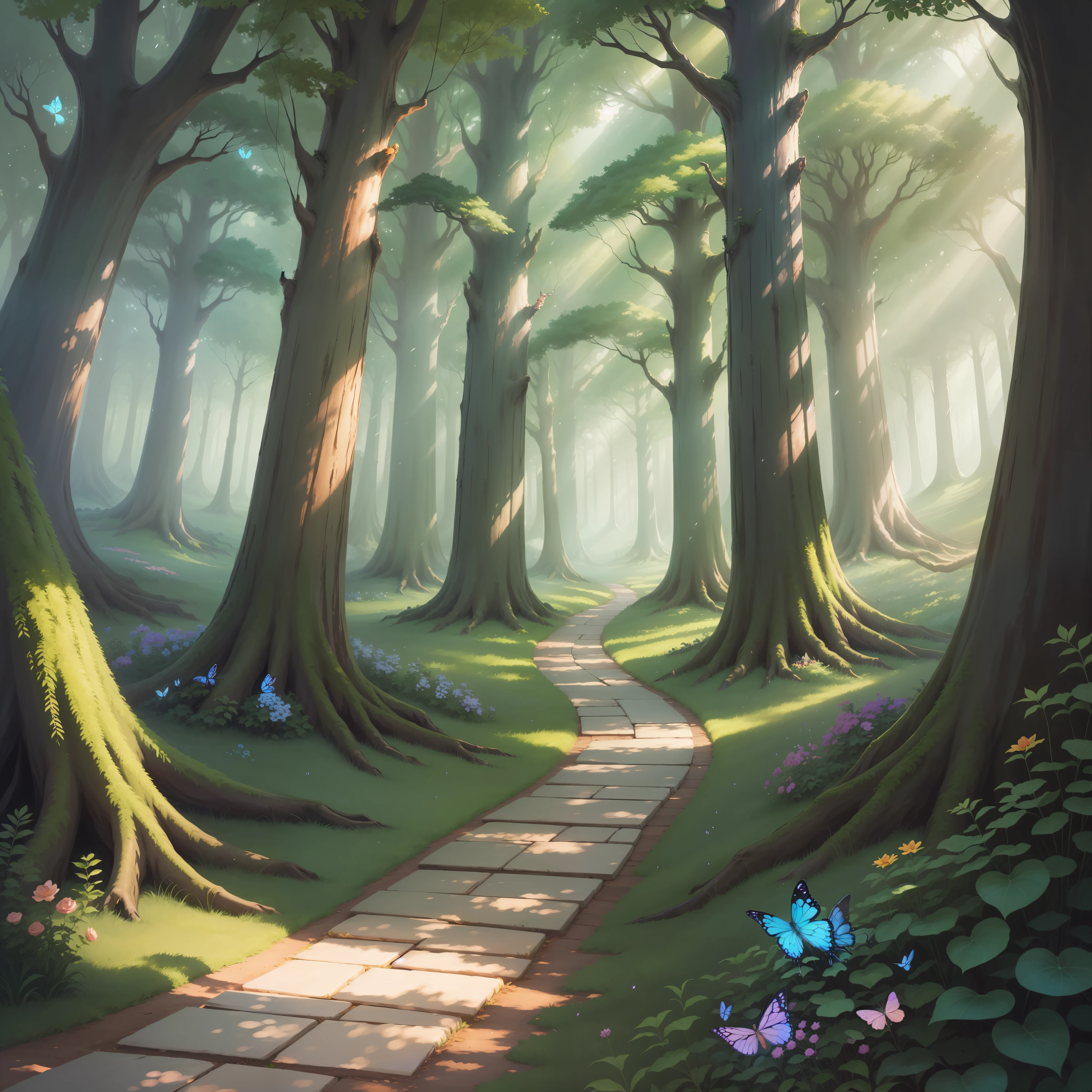 Create an amazing painting, Studio Ghibli style, an enchanted forest with tall and mysterious trees. Among the trees, peering curiously, are friendly animals such as cats and butterflies. They are all in peace and harmony, creating a safe and tranquil environment, a window into a magical world, full of colors, joy and imagination