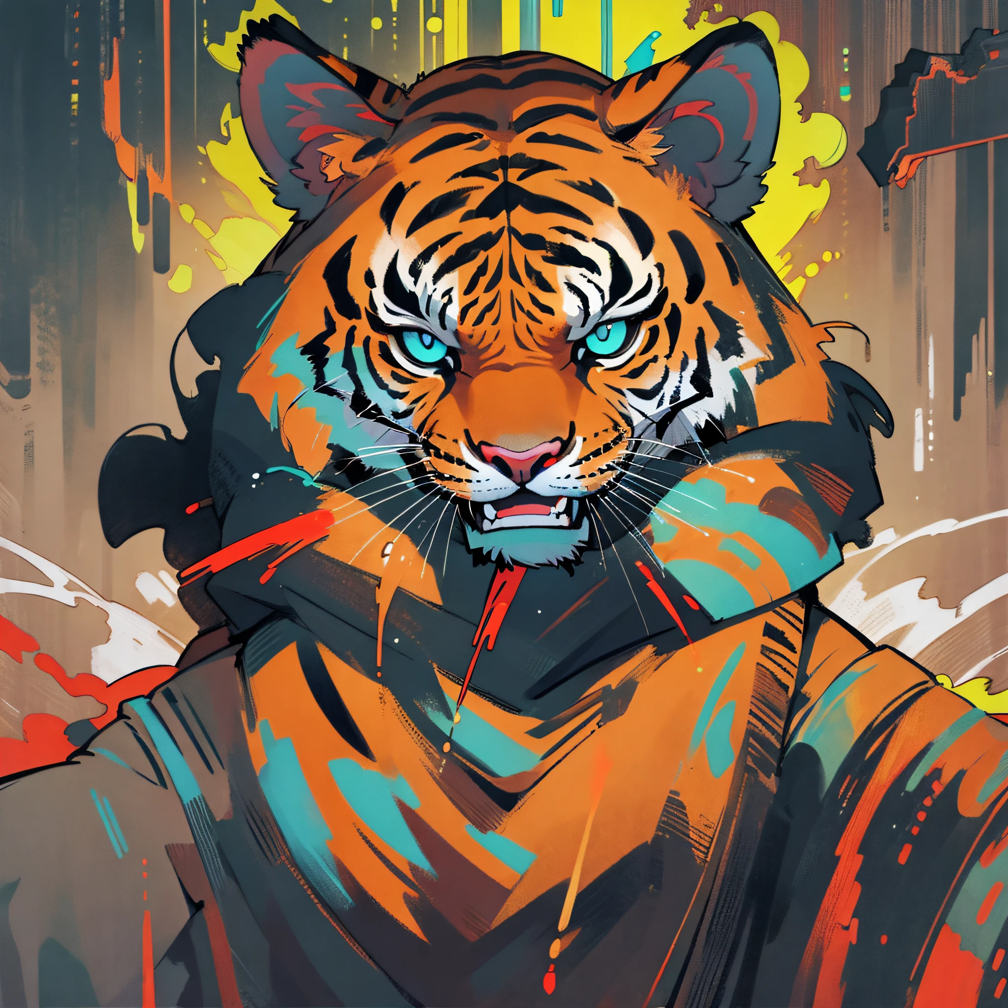 (samdoesarts:1.3), nvinkpunk, rage, fangs, claws, dystopian iron punk, flurry, particles, horrifying techno-organic mutation (tiger), portrait, backlighting, abstract, painting, painted by famous artist, ethereal, liquid, abstract, masterpiece, highly detailed, best quality, highest quality, realistic lighting, hyperdetailed, hyperrealism, colors, colorful, sweatshirt, coat --auto --s2