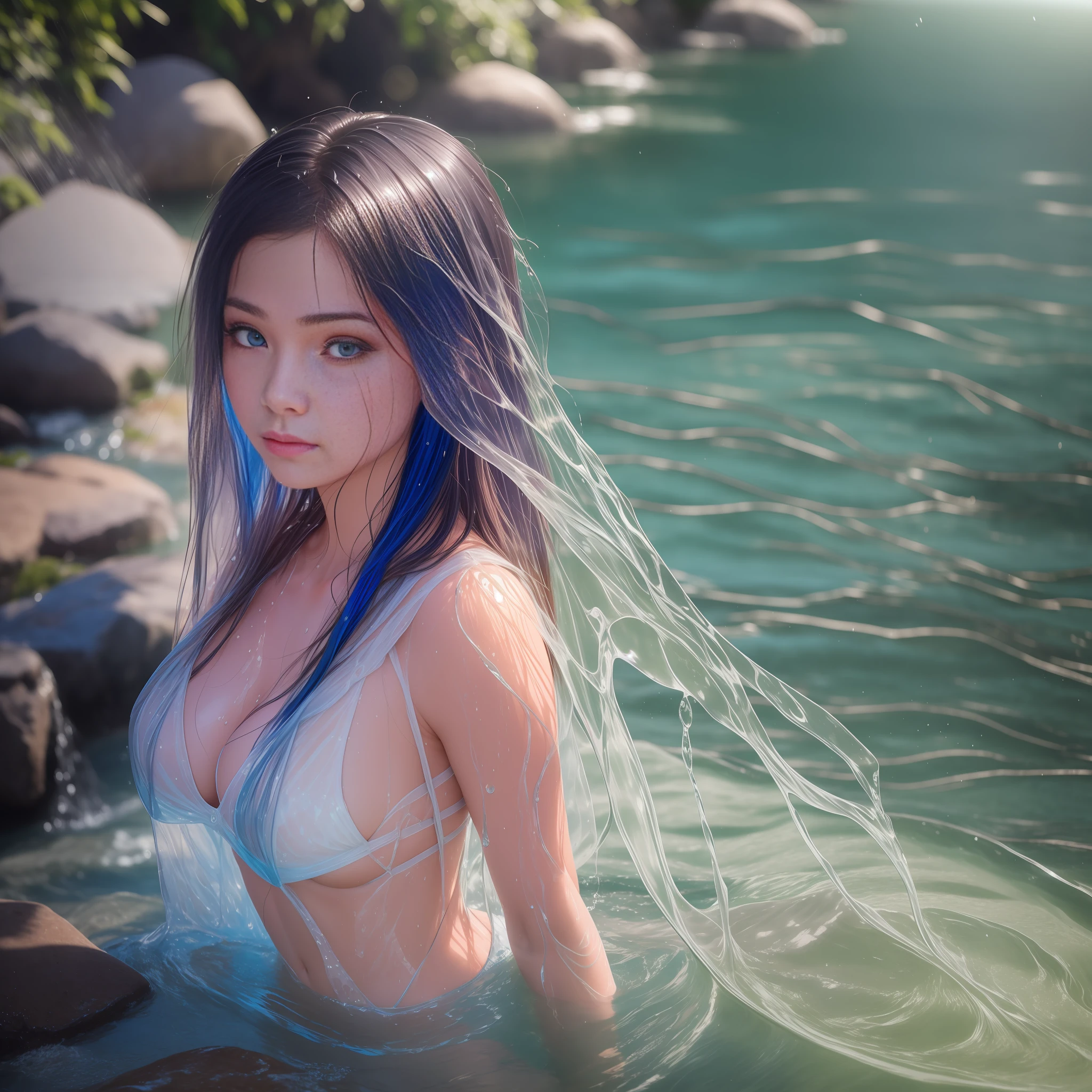 Symmetrical, High Detail RAW Color Photo, [:( High Detail Face: 1.2): 0.1], (PureErosFace_V1: 0.8), Double tail, half body, pores, real skin, breast focus, straight up, an 18 year old woman under a waterfall, body in contact with water and ripples around, clear clean water, shining eyes, looking at the audience, wet clothes, transparent clothes, wet body, wet hair, Tyndall effect, lens flare, shadow,, bloom, natural lighting, hard focus, film grain, photographed with a Sony a9 II Mirrorless Camera, by Laurence Demaison