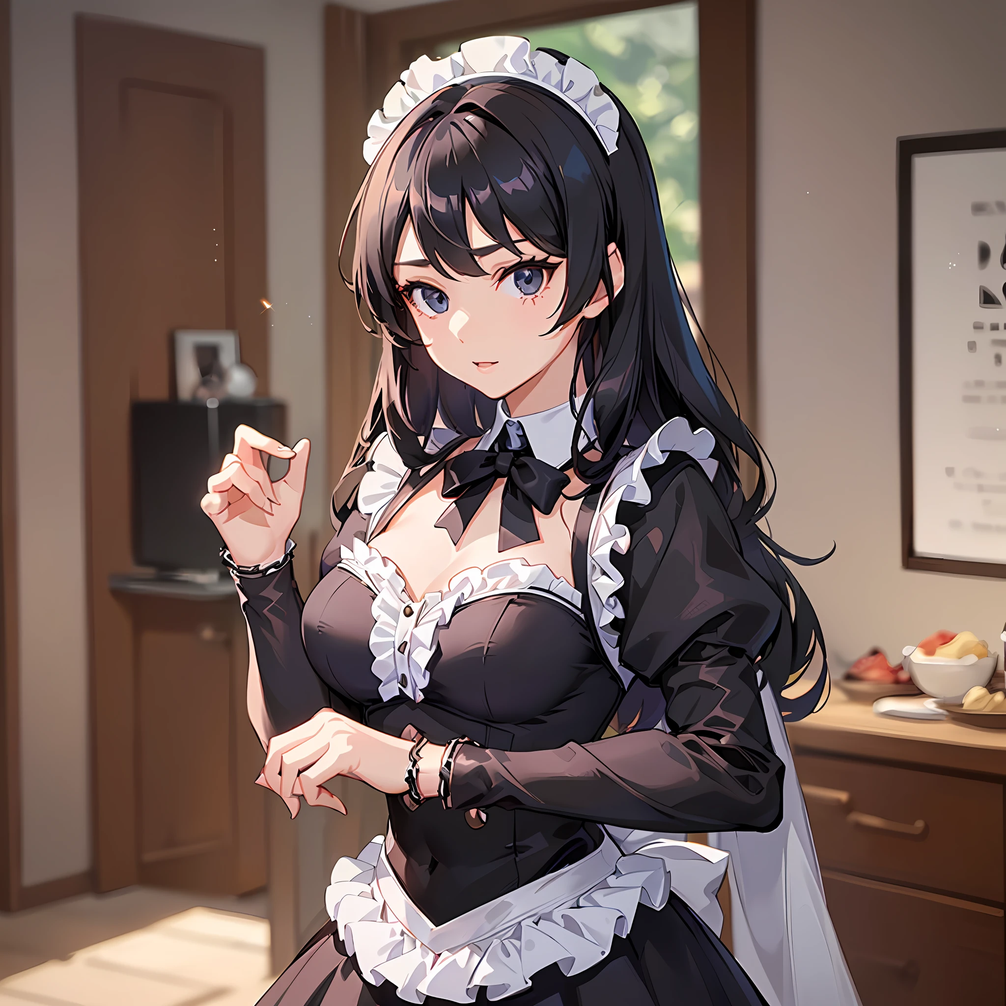 (woman:1.2, hot maid:1.3, pretty:1.1, anime:1.05, maid costume, black hair:1.1, long hair, black eye, best quality, ultra details, super realistic, 8k, full body:1.2, indoors, hd)