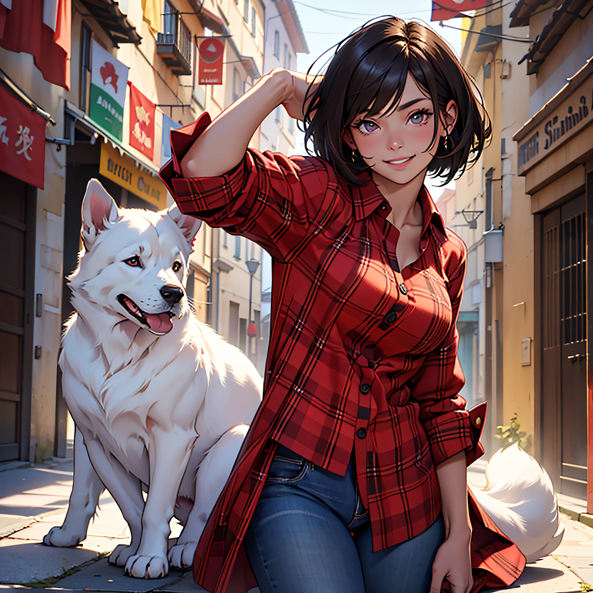 (masterpiece) best quality cute puppy, (gorgeous coat: red skin: 1.2 + white skin), lovely face, sweet expression, natural lighting, blurred background. Beautiful Italian athletic girl posing, 4K, award-winning photo, natural lighting, detailed face, hyper-realistic photography, detailed eyes, dark hair, muscular girl, girl with silky hair, full body, wearing red flannel short-sleeved shirt and jeans, extremely soft hair, smiling, happy, cute Italian, Bob cut, silky hair, chin-length haircut."