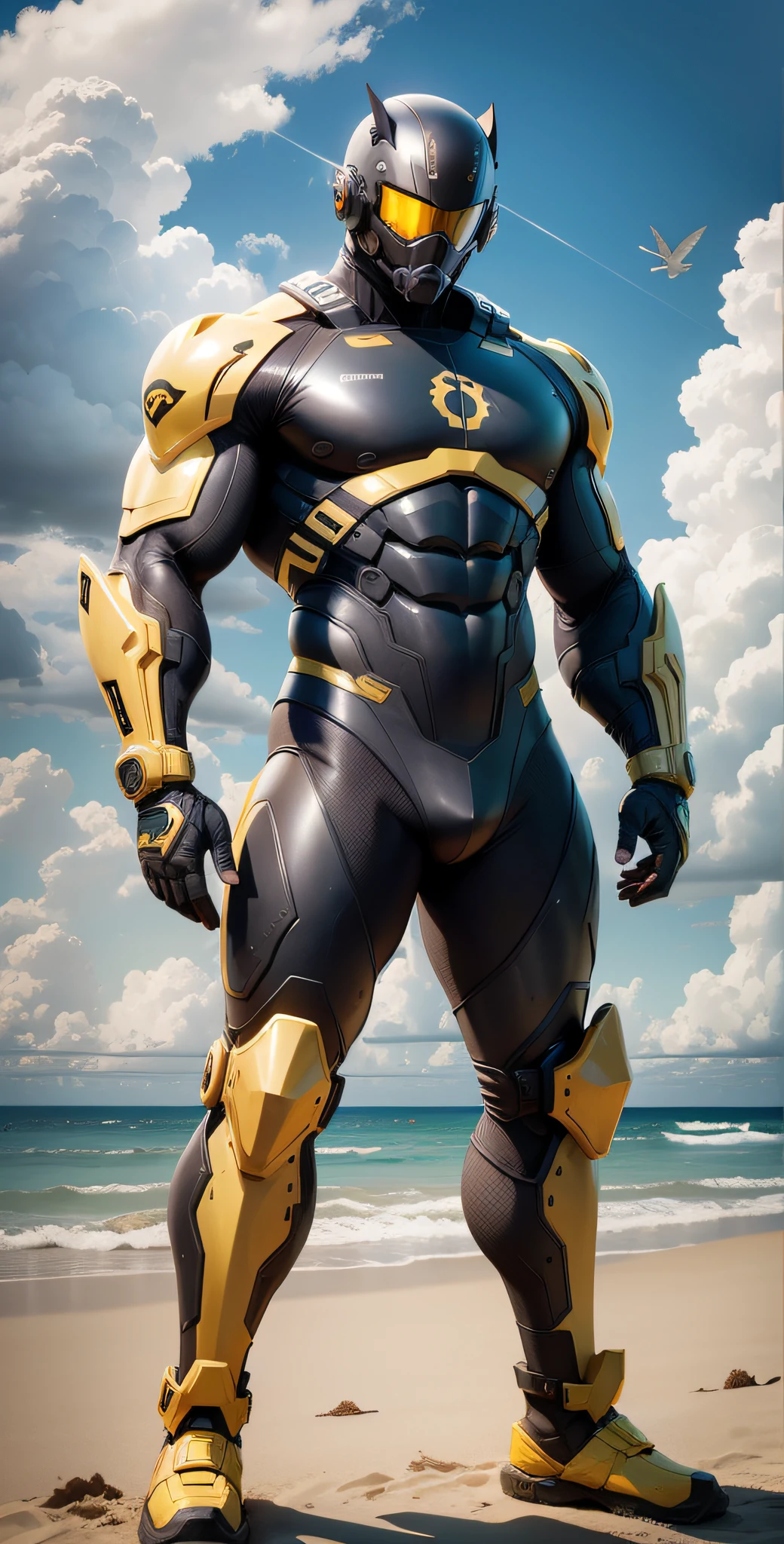 Man in yellow and black clothes standing on the sunny beach, muscular man, American round inch, Buzz cut, muscular! Wearing black sunglasses, mechanical mask, round head Buzz Cut, stealth suit, symmetrical pattern texture design, best picture quality and resolution, character design special forces, black military boots, attractive strong men and armor, weaving sunlight shining through the clouds on the body, Li Xiaoxiao