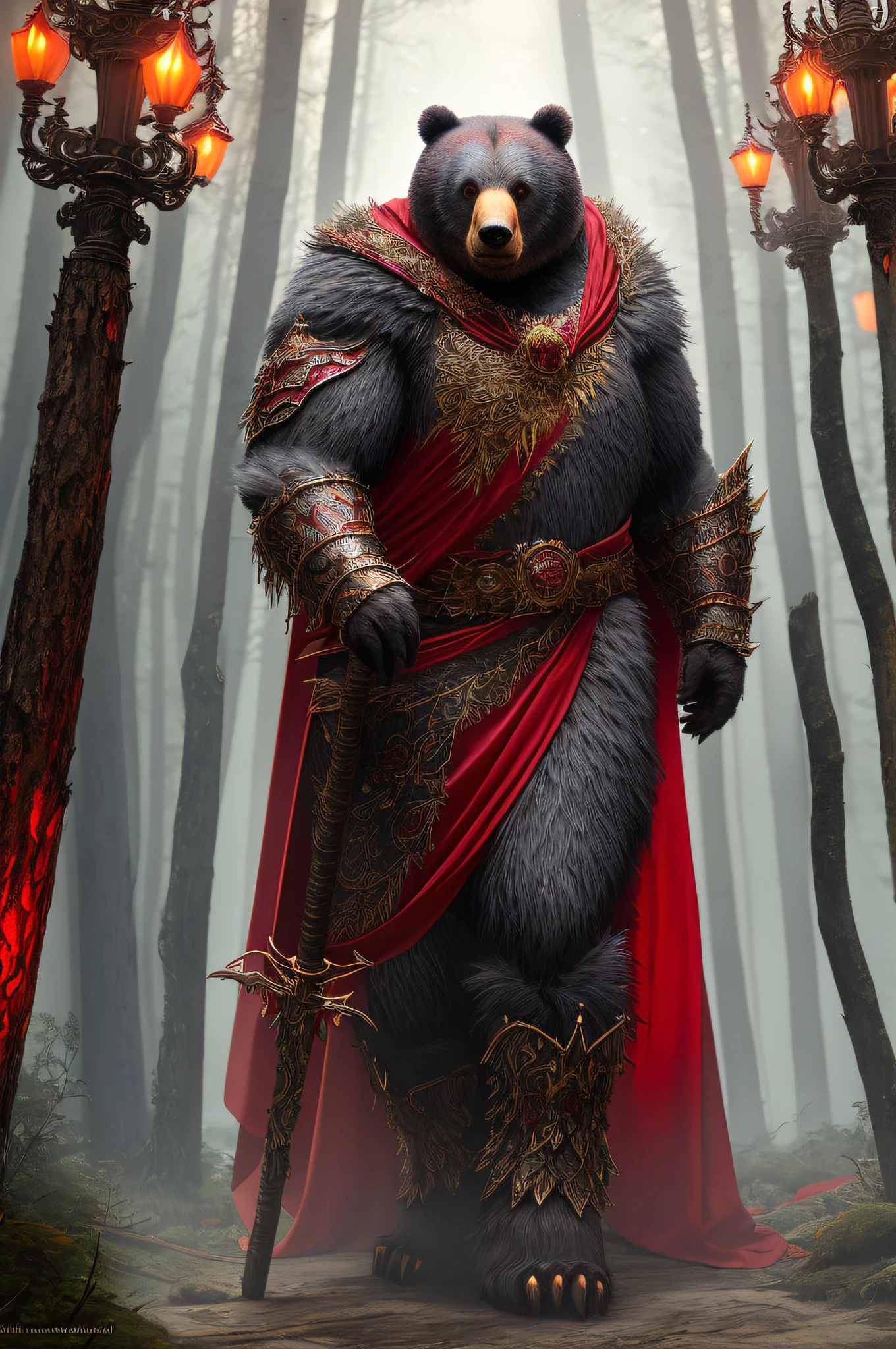 sorceress bear, antropomorphic, high ornamented armor, fluffy fur, foggy, forest, 70mm, cinematic, highly detailed, bear real size, standing, with a staff, magical lights, magical aura, red lights, threadbare cape, red illumination, volumetric lighting”, “best quality”, “masterpiece
