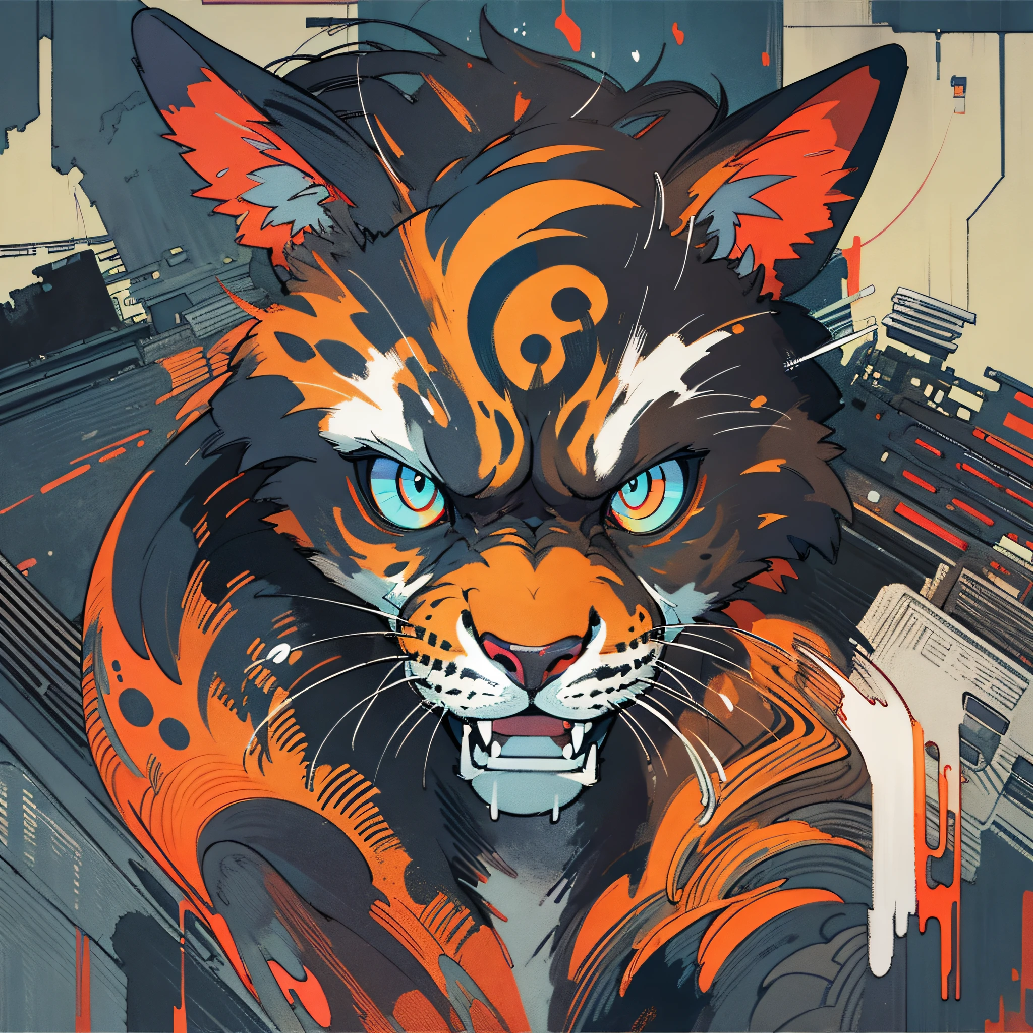 (Samdoesarts:1.3), nvinkpunk, rage, fangs, claws, dystopian iron punk, flurry, particles, horrifying techno-organic mutation (cheetah), portrait, backlighting, abstract, painting, painted by famous artist, ethereal, liquid, abstract, masterpiece, highly detailed, best quality, highest quality, realistic lighting, hyperdetailed, hyperrealism, colors, colorful, coat, sweatshirt --auto --s2