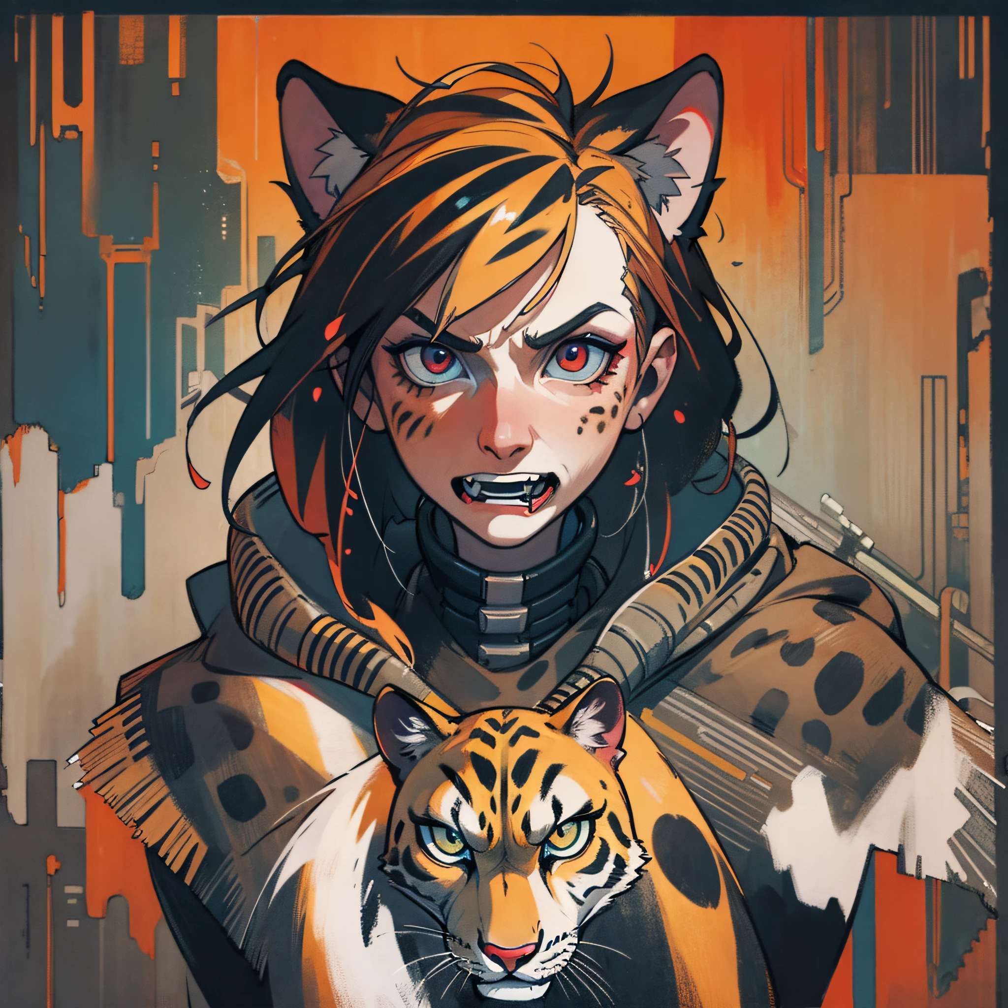 (Samdoesarts:1.3), nvinkpunk, rage, fangs, claws, dystopian iron punk, flurry, particles, horrifying techno-organic mutation (cheetah), portrait, backlighting, abstract, painting, painted by famous artist, ethereal, liquid, abstract, masterpiece, highly detailed, best quality, highest quality, realistic lighting, hyperdetailed, hyperrealism, colors, colorful, coat, sweatshirt --auto --s2