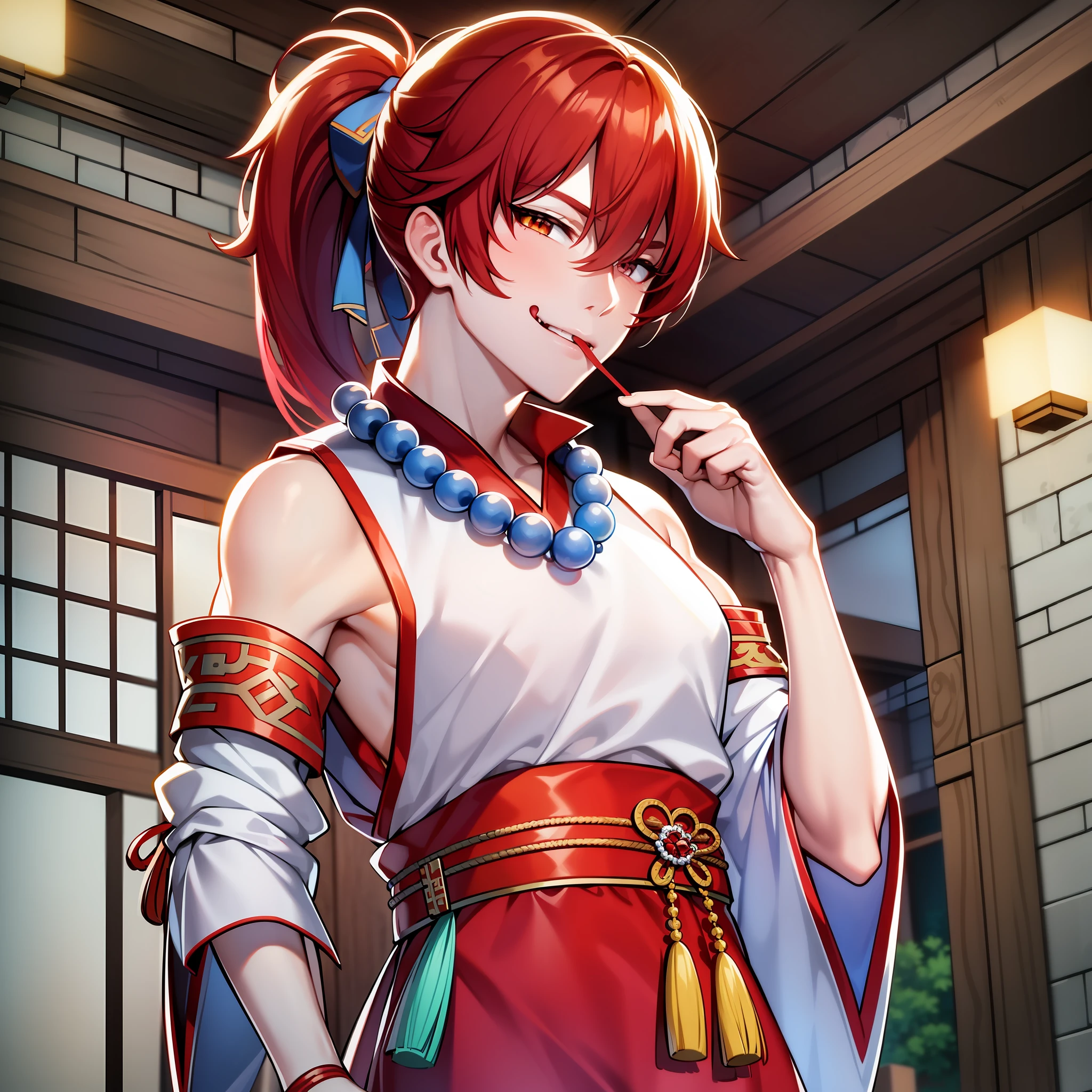 Man, Handsome, Ikemen, red hair, bangs, ponytail, short ponytail, light smile, fangs, licking lips, light blush, hair bow, White ancient chinese clothes, stand straight, anime style, one person, blue beaded necklace.