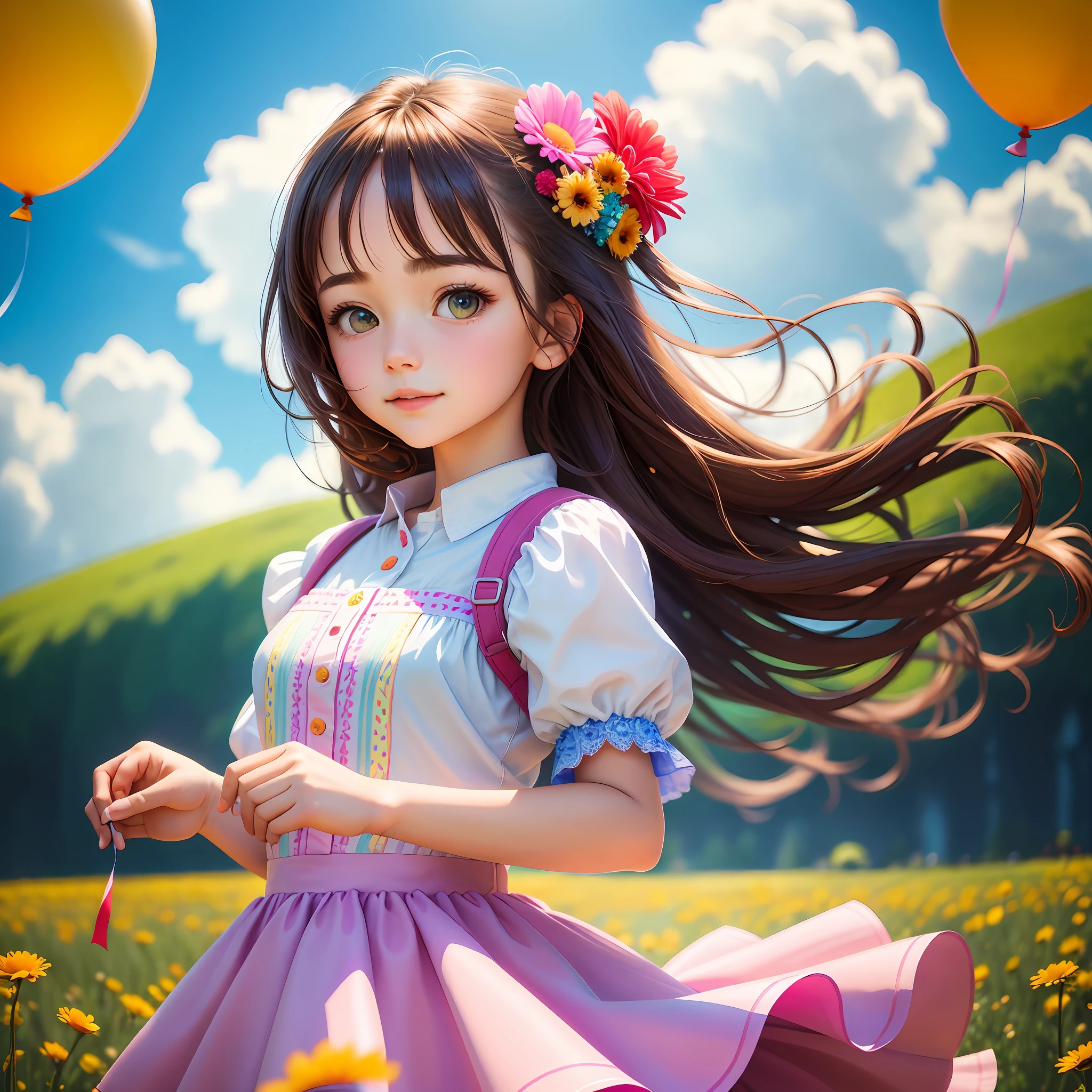 A girl holding flowers, colorful balloons floating in the sky, meadow, dancing, holding flowers, happy, happy, perfect quality, clear focus (clutter-home: 0.8), (masterpiece: 1.2) (Realistic: 1.2) (Bokeh) (Best quality) (Detailed skin: 1.3) (Intricate details) (8K) (Detail Eyes) (Sharp Focus), (Happy)