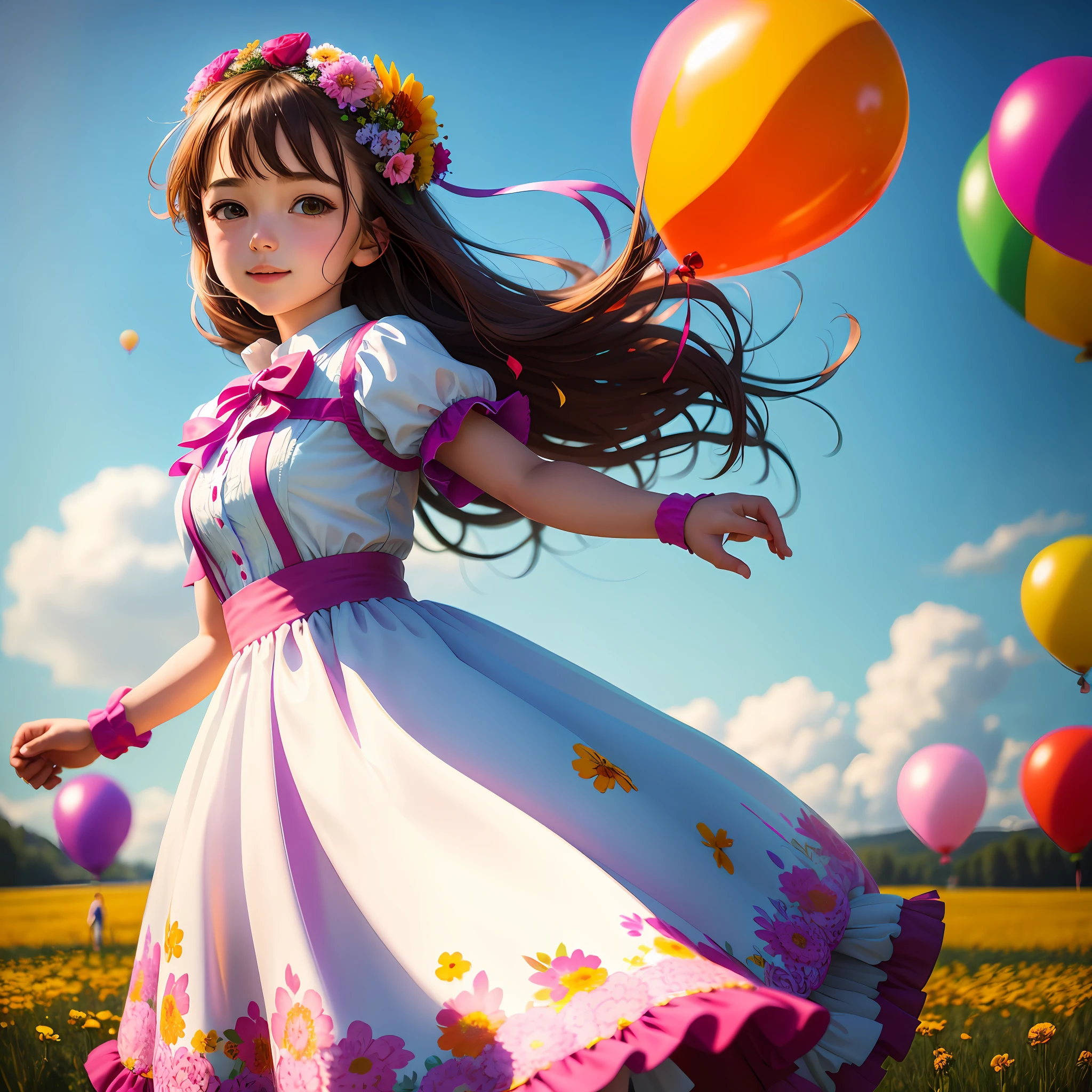 A girl holding flowers, colorful balloons floating in the sky, meadow, dancing, holding flowers, happy, happy, perfect quality, clear focus (clutter-home: 0.8), (masterpiece: 1.2) (Realistic: 1.2) (Bokeh) (Best quality) (Detailed skin: 1.3) (Intricate details) (8K) (Detail Eyes) (Sharp Focus), (Happy)