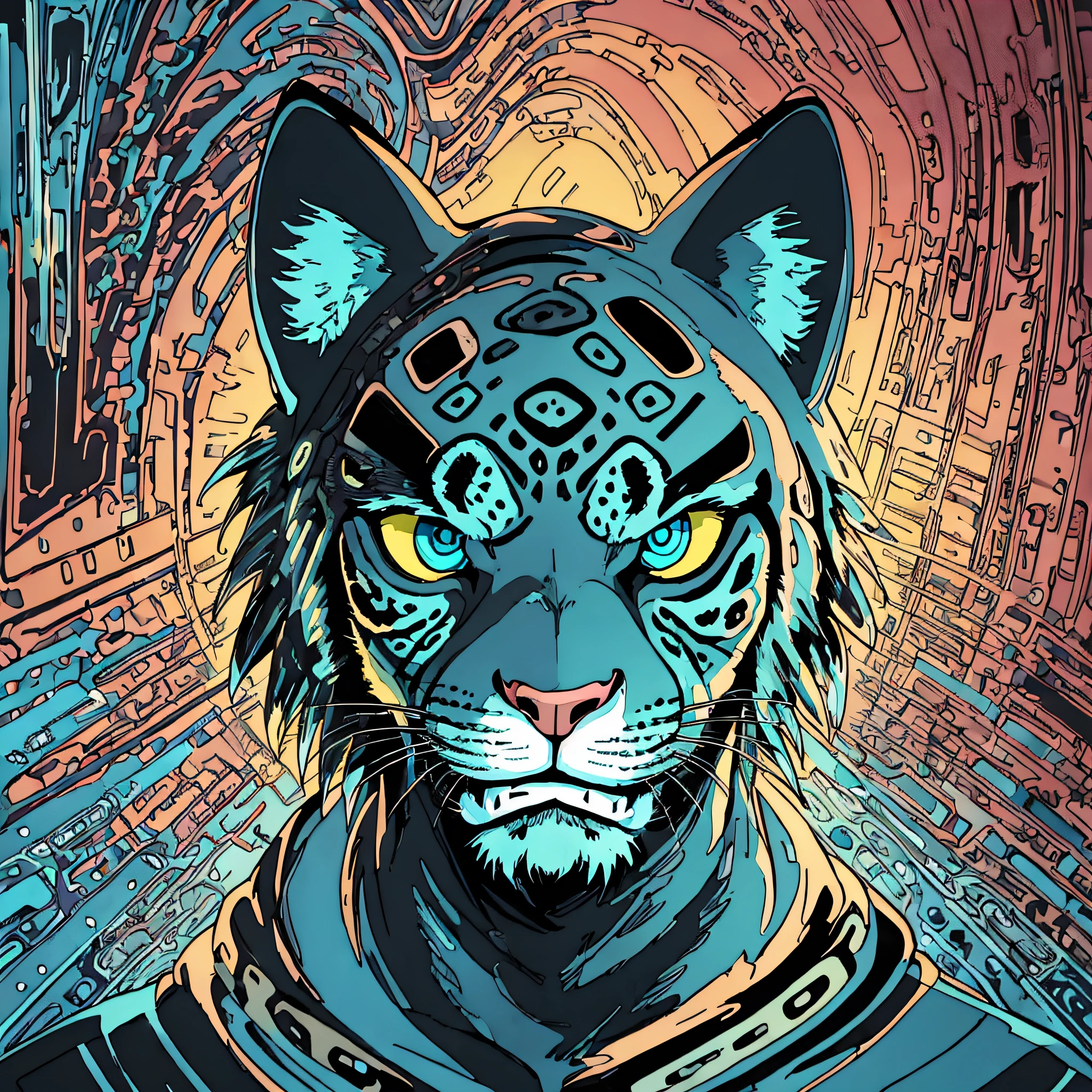 (samdoesarts:1.3), nvinkpunk, articules, horrifying techno-organic mutation (jaguar), portrait, backlighting, abstract, painting, painted by famous artist, ethereal, liquid, abstract, masterpiece, highly detailed, best quality, highest quality, realistic lighting, hyperdetailed, hyperrealism, colors, colorful, coat, sweatshirt --auto --s2