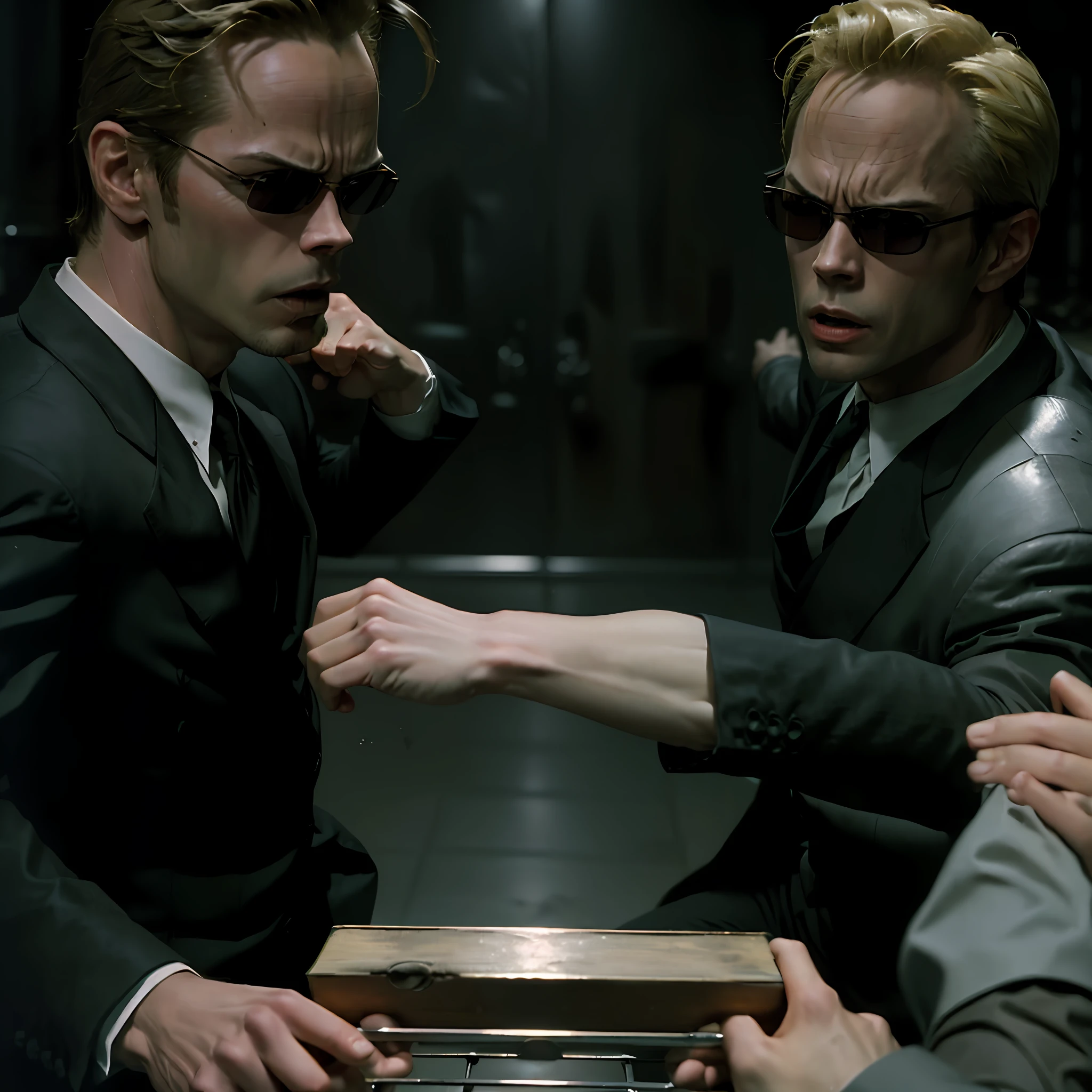 (((kung fu))) ,((best quality)), ((masterpiece)), (detailed), (((suit))) fan art of evil man, there are two people fist fighting, evil looking blond GUY PEARCE face, blond GUY PEARCE in a suit with square sunglasses close up, blond GUY PEARCE in a suit angry, blond GUY PEARCE in a suit with squared sunglasses, square sunglasses, the matrix (1999), square sunglasses, night, 80mm, ((western animation)), (neo the matrix (1999)), (short hair), ((combat)), (((kung fu)))