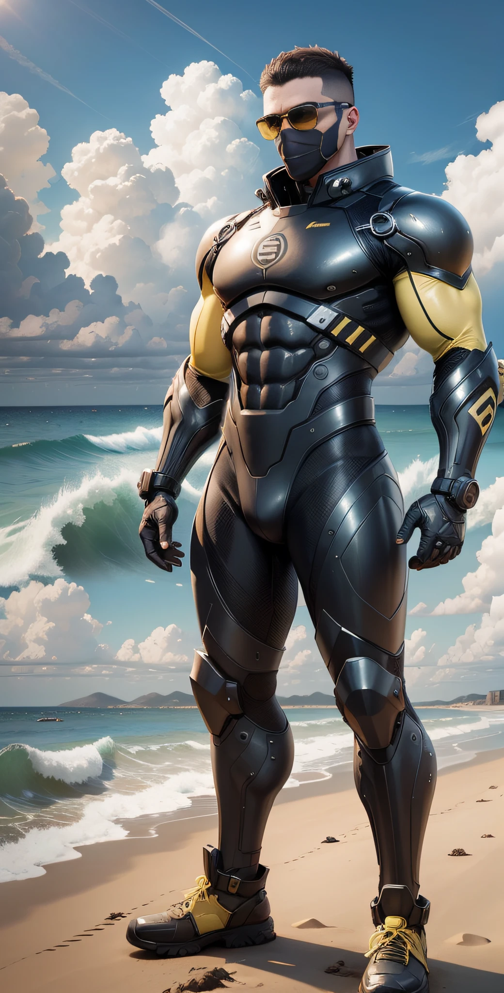 Man in yellow and black clothes standing on the sunny beach, muscular man, American round inch, Buzz cut, muscular! Wearing black sunglasses, mechanical mask, round head Buzz Cut, stealth suit, symmetrical pattern texture design, best picture quality and resolution, character design special forces, black military boots, attractive strong men and armor, weaving sunlight shining through the clouds on the body, Li Xiaoxiao