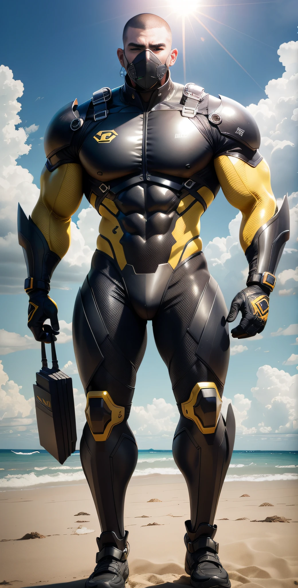 Man in yellow and black clothes standing on the sunny beach, muscular man, American round inch, Buzz cut, muscular! Wearing black sunglasses, mechanical mask, round head Buzz Cut, stealth suit, symmetrical pattern texture design, best picture quality and resolution, character design special forces, black military boots, attractive strong men and armor, weaving sunlight shining through the clouds on the body, Li Xiaoxiao