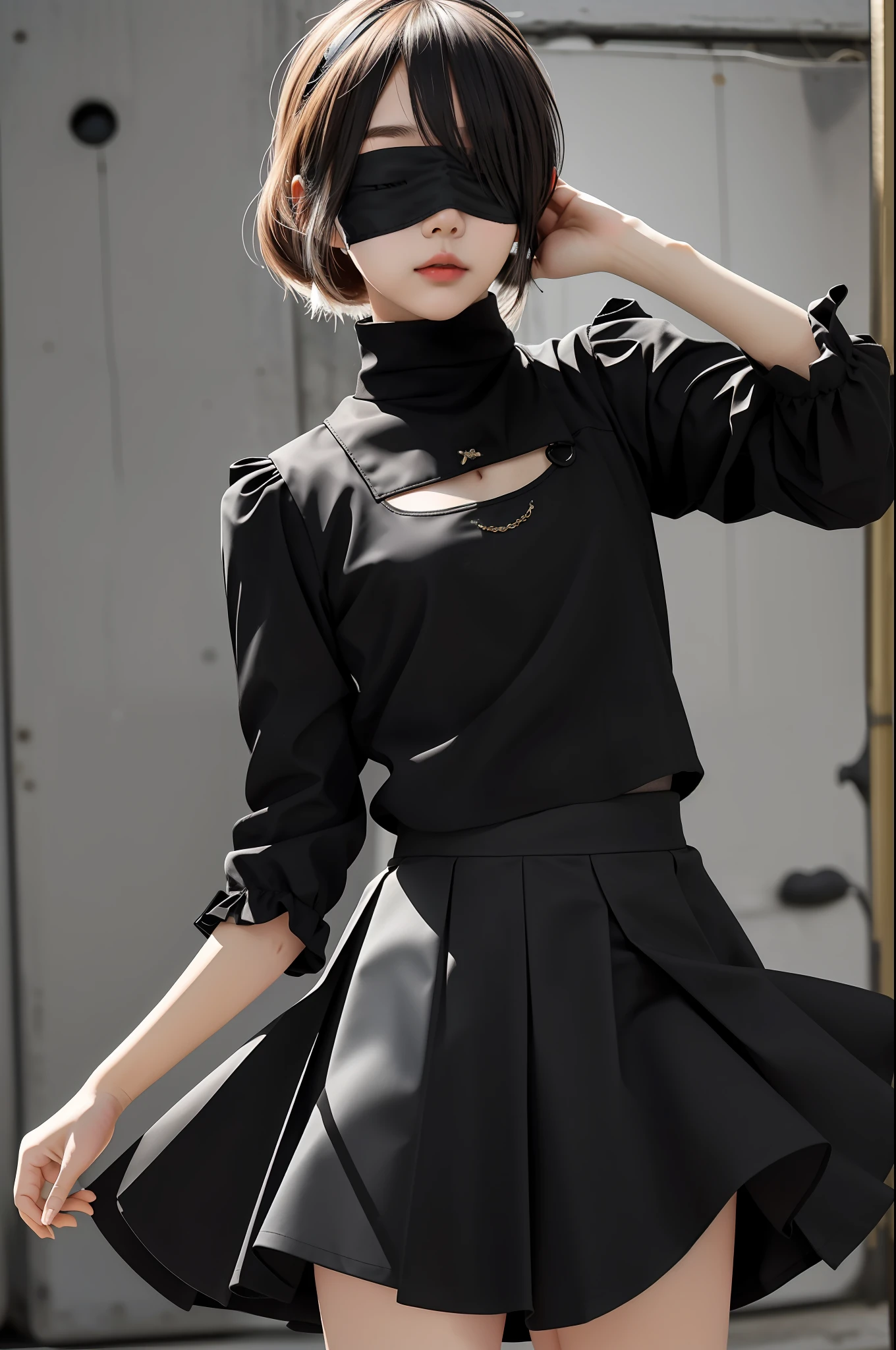 Masterpiece, Best Quality, 1 Girl, Solo, Yoha 2 Type B, Black Blindfold, Blindfold, Skirt, Black Skirt, Sai Hai