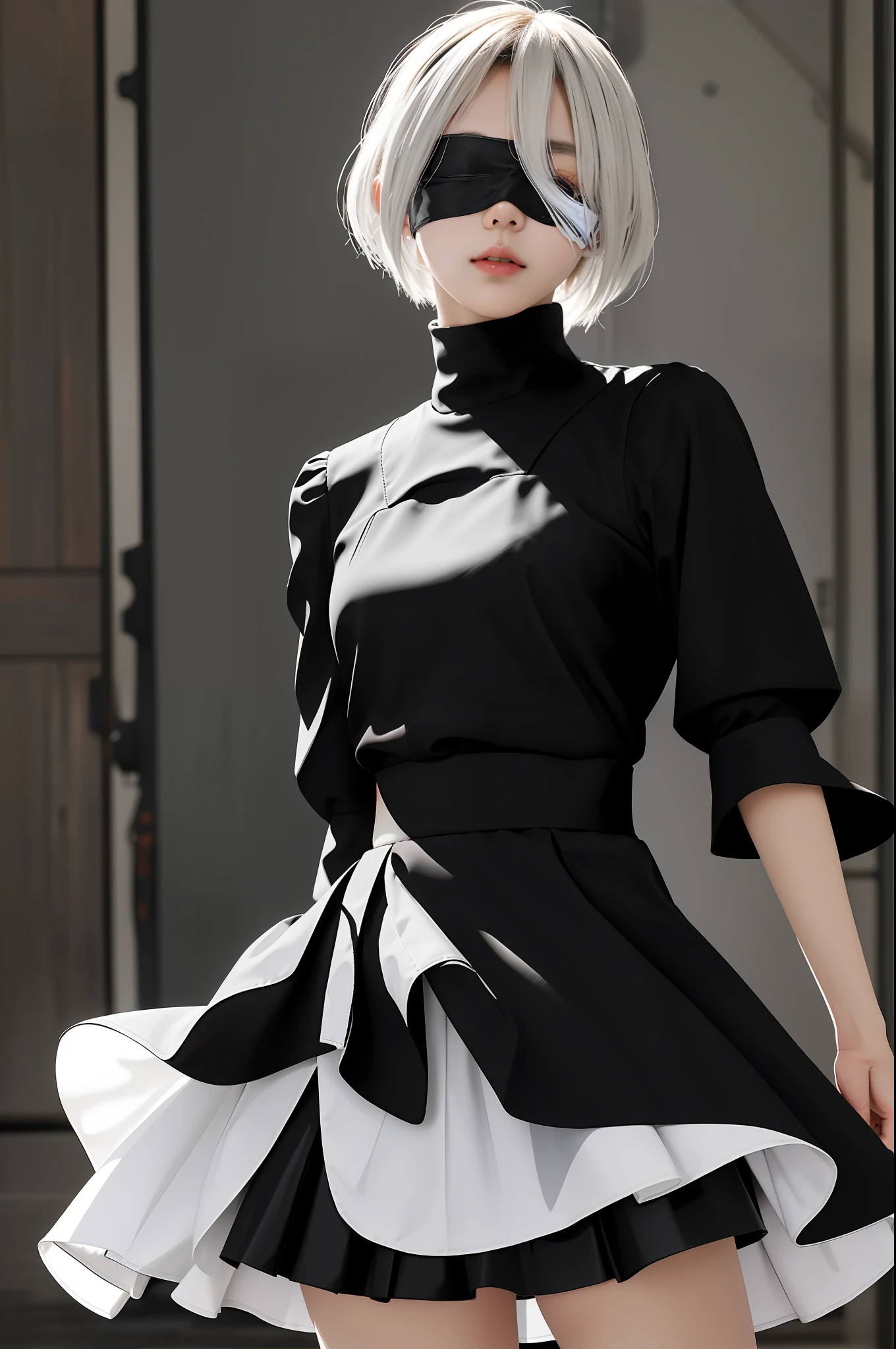 Masterpiece, Best Quality, 1 Girl, Solo, Yoha 2 Type B, Black Blindfold, Blindfold, Skirt, Black Skirt, Sai Hai