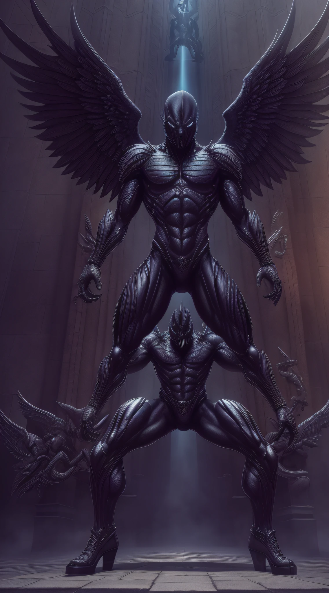 Gargoyle, Male, metallic archangel wings, Gothic, Nightmare, full body, ((pushing a huge wall)), crouching, (perfect side view), H.R. Giger, xenomorph, high detail, gothic art, hyperrealism, god rays, ray tracing, backlighting, film grain, UHD, masterpiece, anatomically correct, textured skin, super detail, high detail, 8k, best quality, award-winning