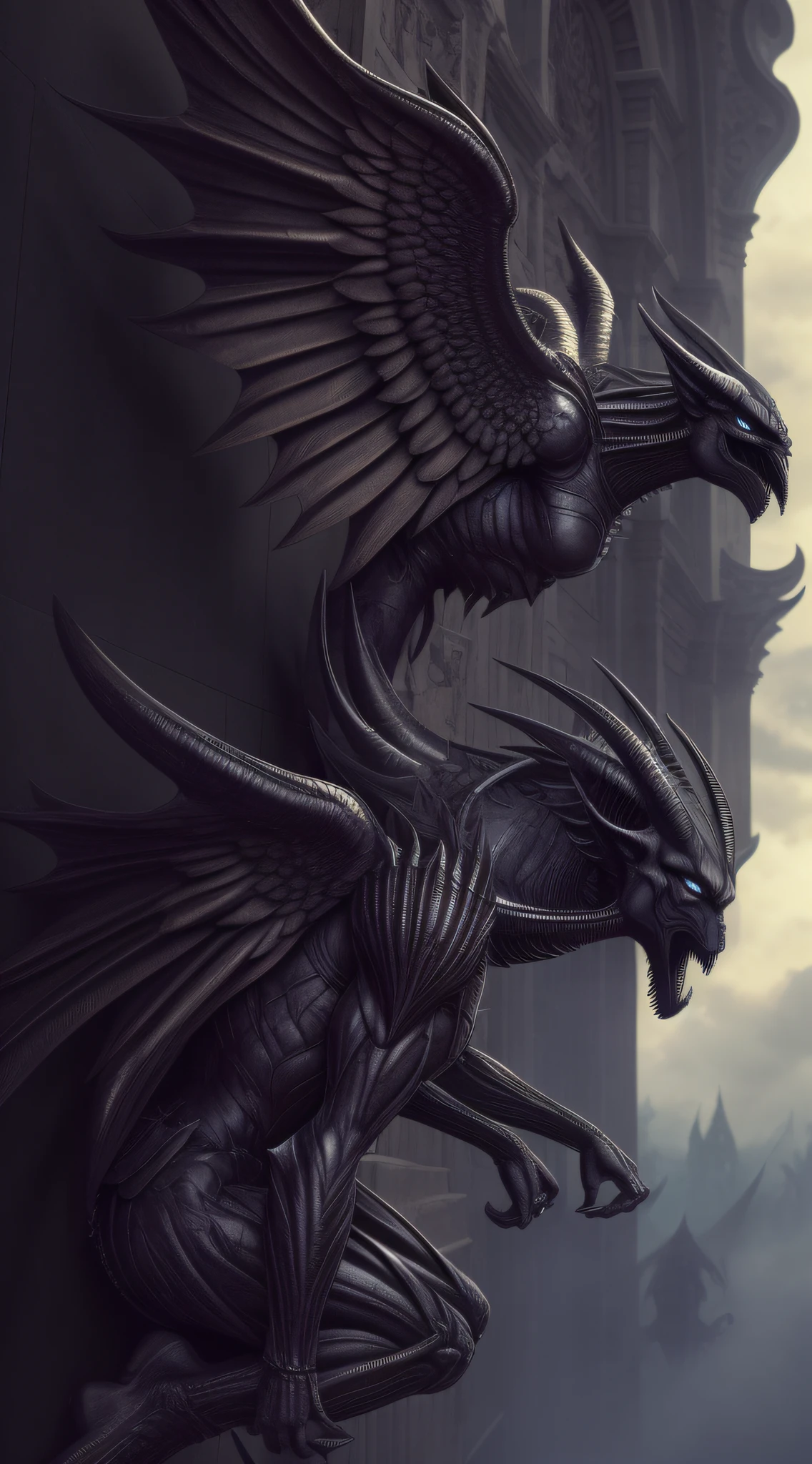 Gargoyle, Male, metallic archangel wings, Gothic, Nightmare, full body, ((pushing a huge wall)), crouching, (perfect side view), H.R. Giger, xenomorph, high detail, gothic art, hyperrealism, god rays, ray tracing, backlighting, film grain, UHD, masterpiece, anatomically correct, textured skin, super detail, high detail, 8k, best quality, award-winning