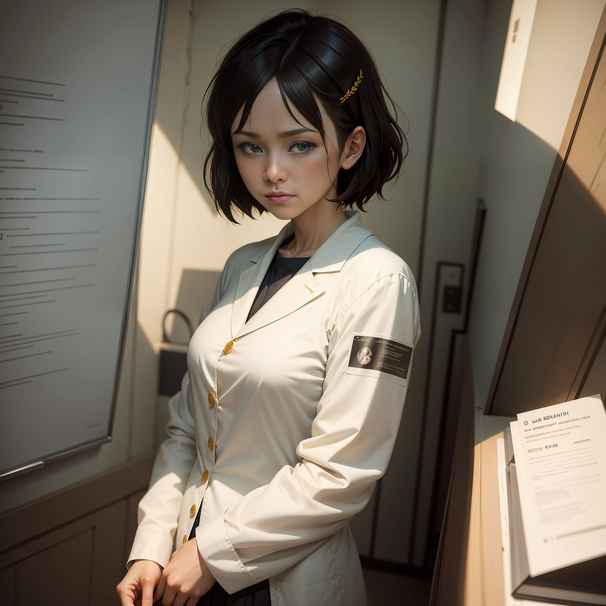 60-year-old woman, scientist, wearing white lab coat, teaching, simple art inspired by the visual style of Studio Ghibli, Baroque oil painting Anime key visual full-length portrait concept art, Grimdark brutalist fantasy, noble dictator Kuudere, pixiv fan box of trend, rule of thirds golden ratio, by Greg Rutkowski Wlop Makoto Shinkai Takashi Takashi Takeuchi Studio Ghibli Jamie Wyeth, On the wall a picture with Marie Curie