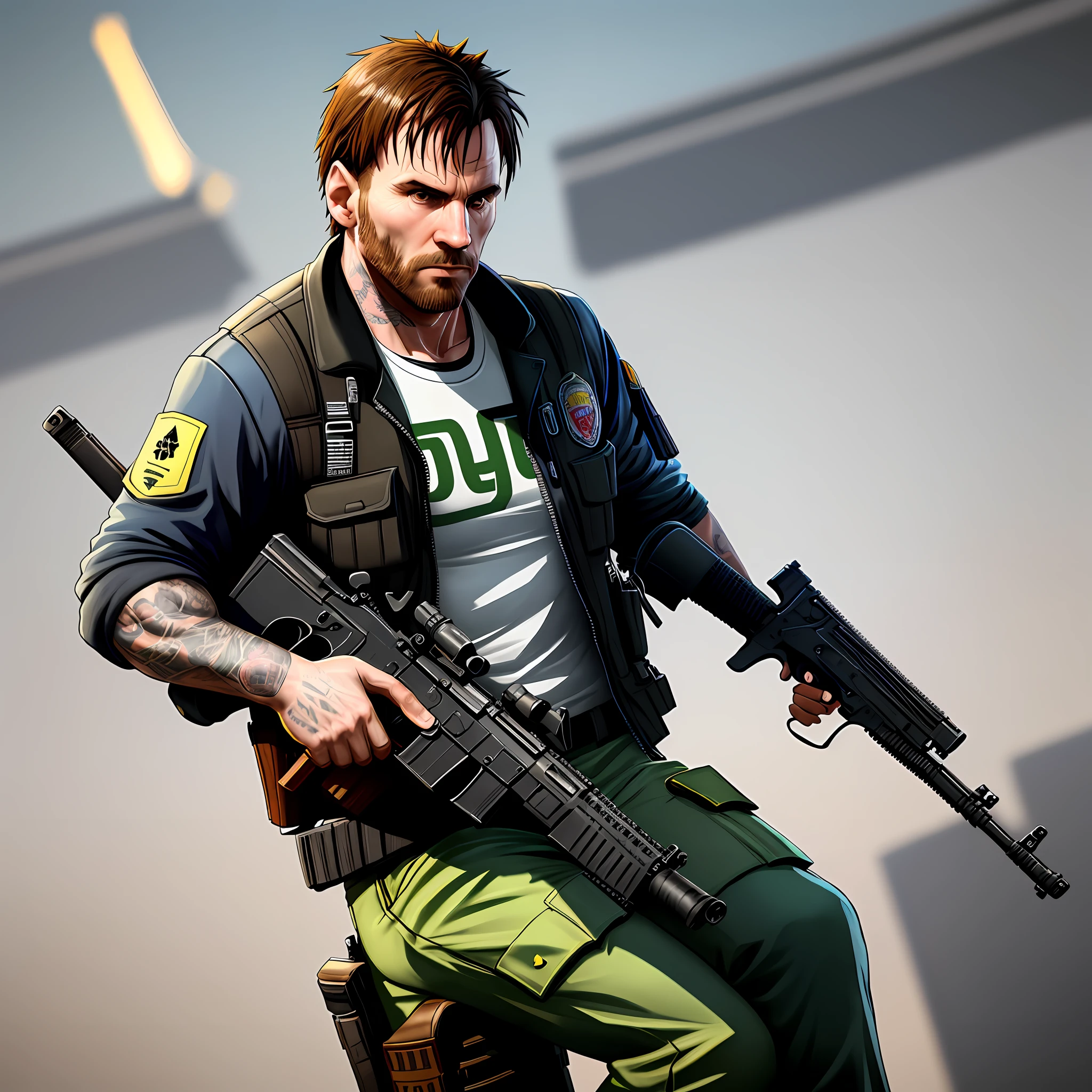 GTAV Loading Screen 2D art, Lionel Messi as GTA5 Character, cinematic composition, shaders, bright cinematic lighting, soft contrast, GTA5 loading screen, automatic bug fix, hand contrast correctly, leg contrast correctly, gun, weapons, holding a rifle with both hands, assault rifle