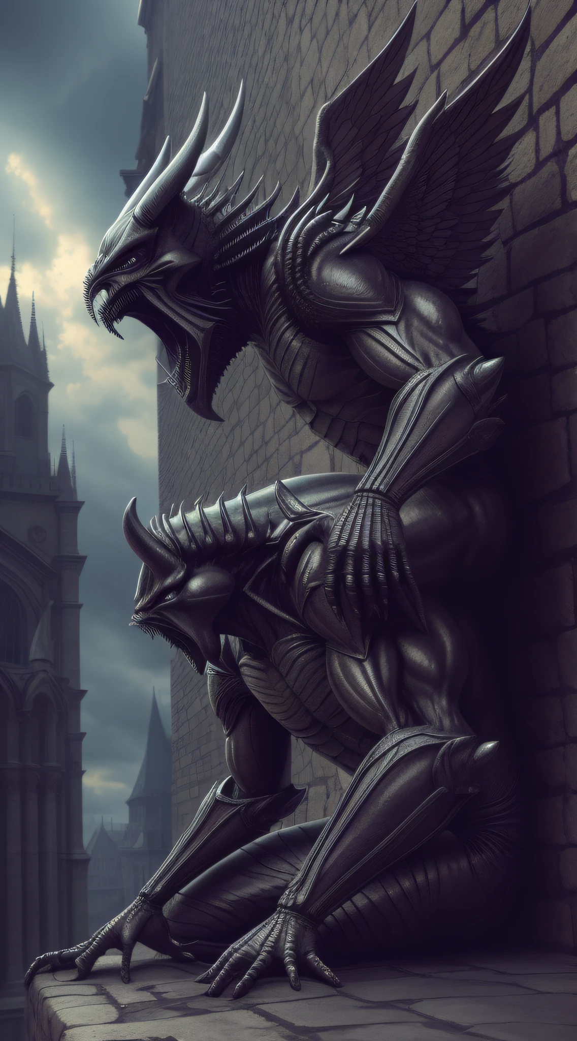 Gargoyle, Male, metallic archangel wings, Gothic, Nightmare, full body, ((pushing a huge wall)), crouching, (perfect side view), H.R. Giger, xenomorph, high detail, gothic art, hyperrealism, god rays, ray tracing, backlighting, film grain, UHD, masterpiece, anatomically correct, textured skin, super detail, high detail, 8k, best quality, award-winning