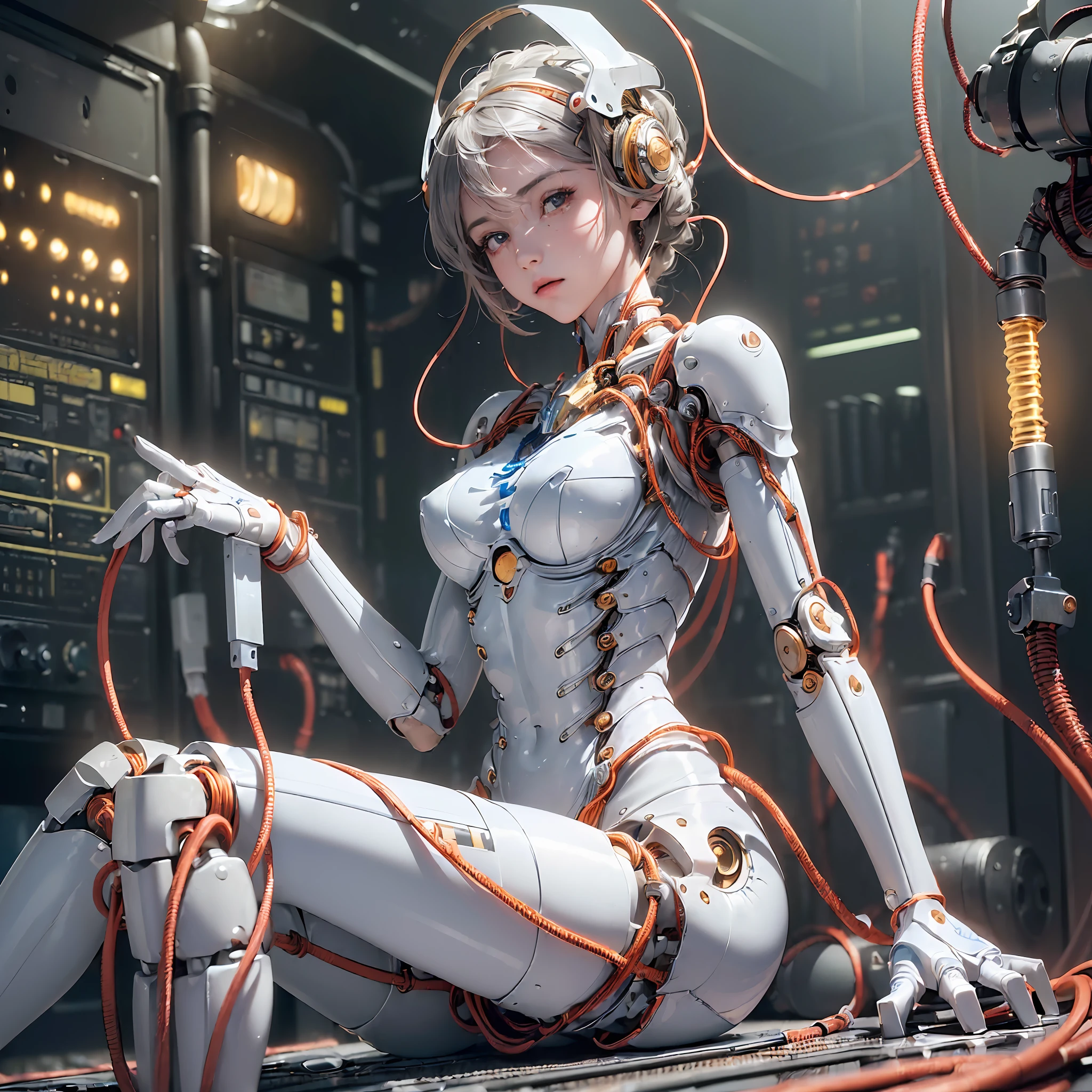 (((masterpiece))), ((((best quality)))), (((ultra-detailed))), (highly detailed CG illustration), ((an extremely delicate and beautiful)),(cute delicate face),cinematic light,((1mechanical girl)),solo,full body,(machine made joints:1.4),((machanical limbs)),(blood vessels connected to tubes),((mechanical vertebra attaching to back)),((mechanical cervial attaching to neck)),((sitting)),expressionless,(wires and cables attaching to head and body:1.5),(character focus),science fiction