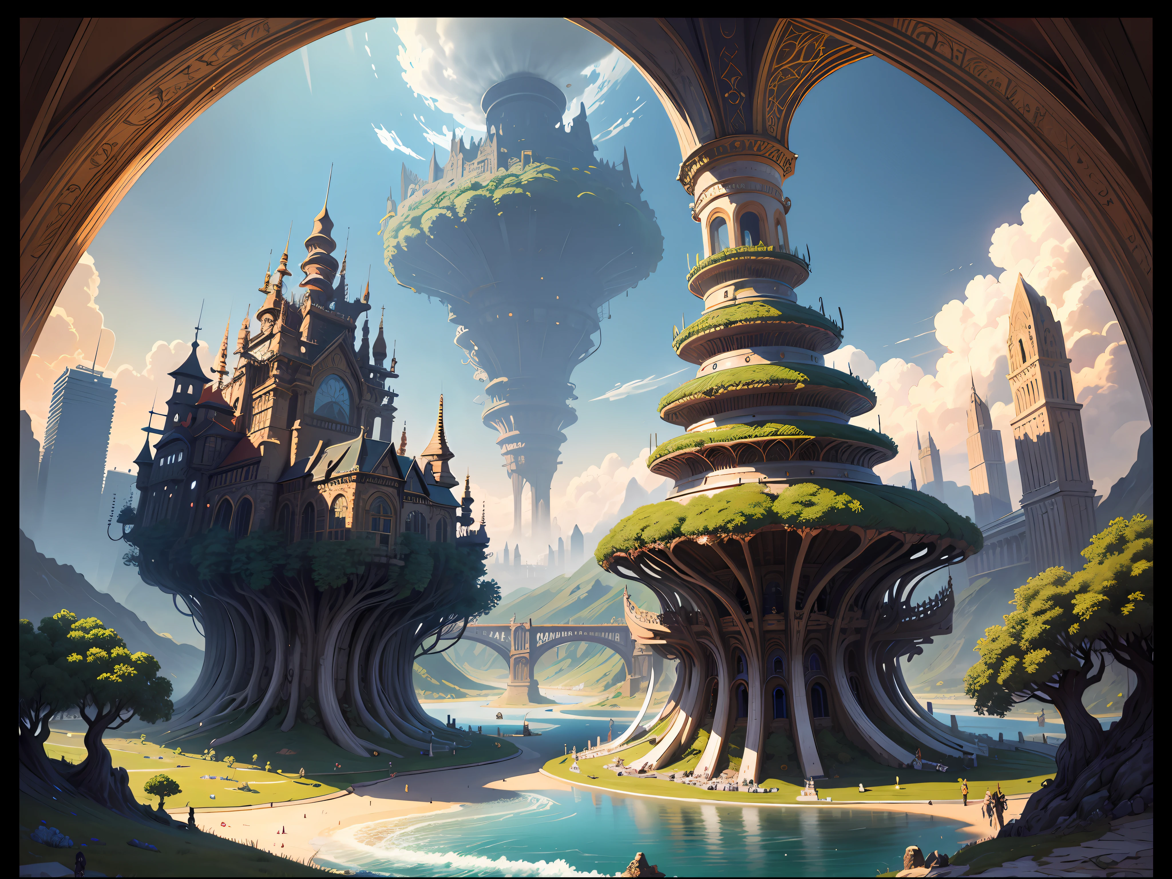 "(masterpiece:1.2), extremely intricate details, ff14style, dynamic painting, depicting a bustling city with a majestic bridge spanning wide rivers, surrounded by towering giant mushrooms. The vast landscape bursts with vivid colors "