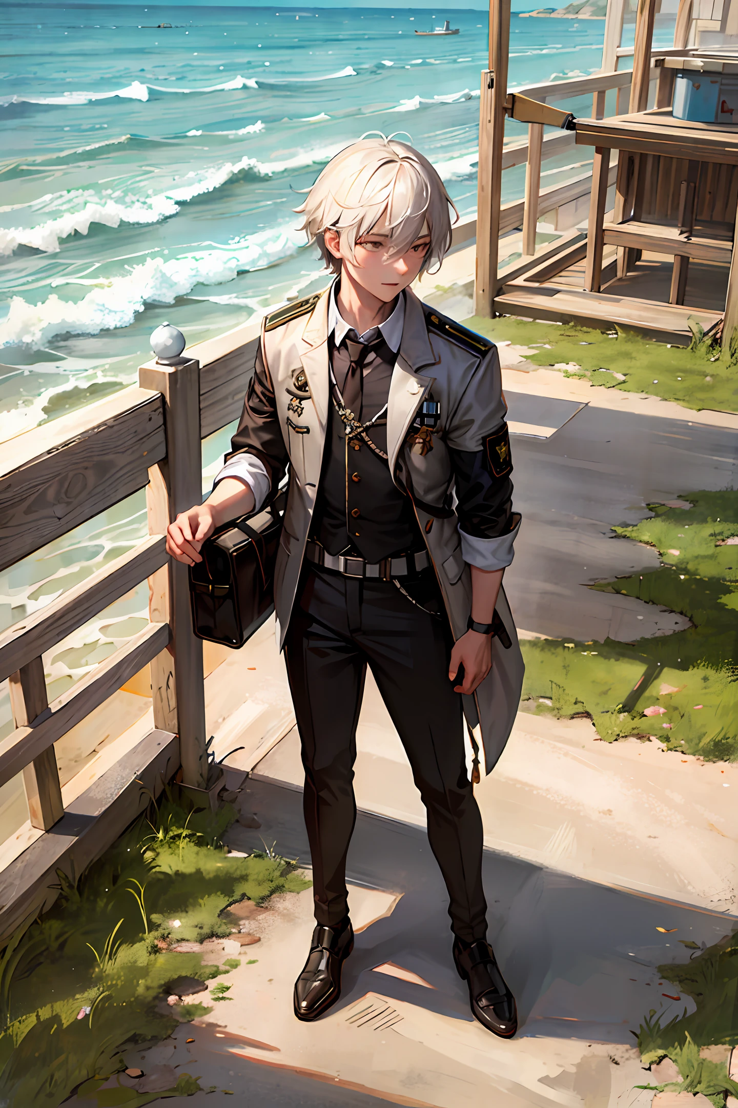 Young, 18 years old, male, long hair, German and Russian ancestry, digital art, anime, imperial nomad, army, pre world war II, walking on the street in military clothing, carrying sniper rifle, full body, maximum quality, good shadows, lighting, maximum detailing, character walking on the busy street, short physical stature Athletic.