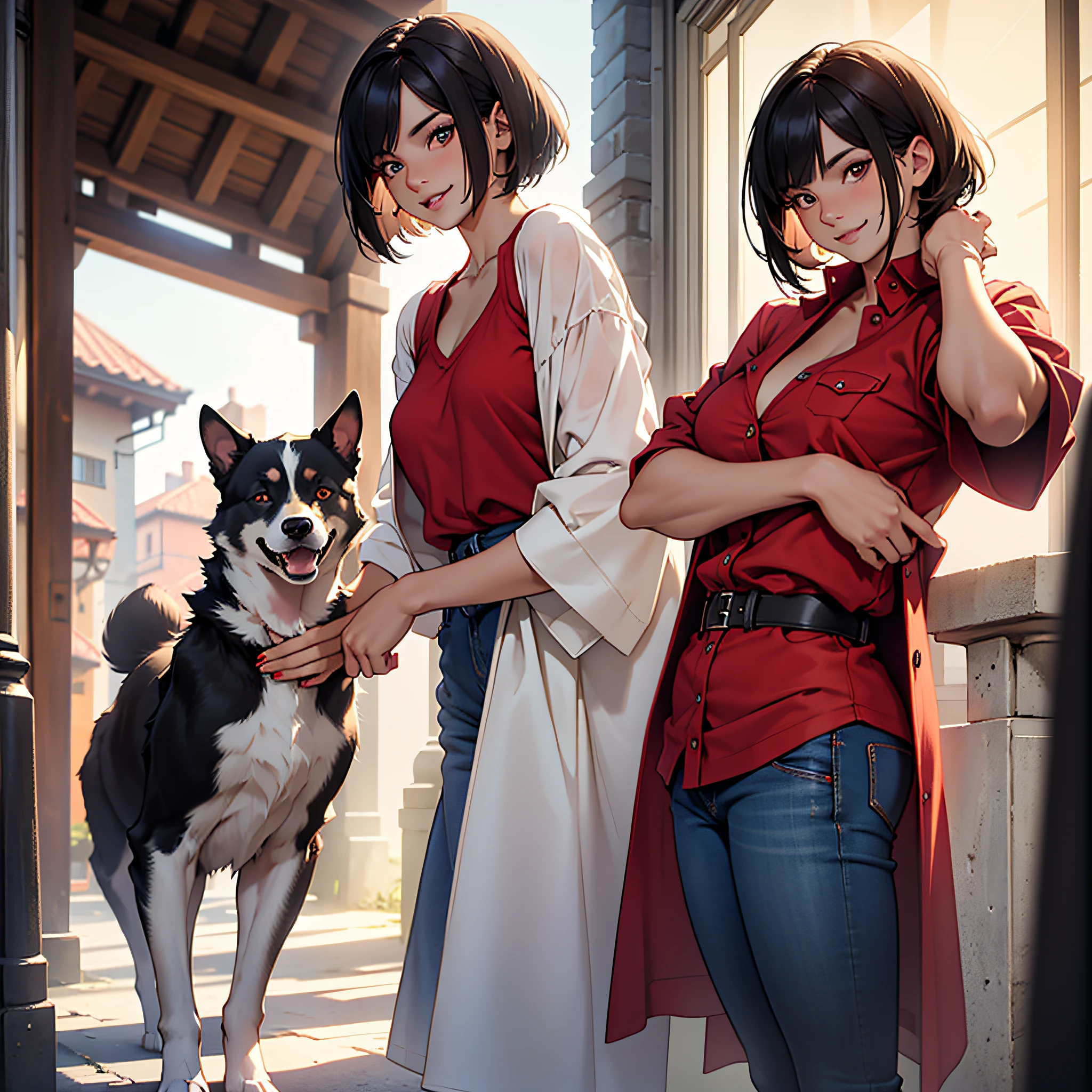 (masterpiece) best quality cute puppy, (gorgeous coat: red skin: 1.2 + white skin), lovely face, sweet expression, natural lighting, blurred background. Beautiful Italian athletic girl posing, 4K, award-winning photo, natural lighting, detailed face, hyper-realistic photography, detailed eyes, dark hair, muscular girl, girl with silky hair, full body, wearing red flannel short-sleeved shirt and jeans, extremely soft hair, smiling, happy, cute Italian, Bob cut, silky hair, chin-length haircut."