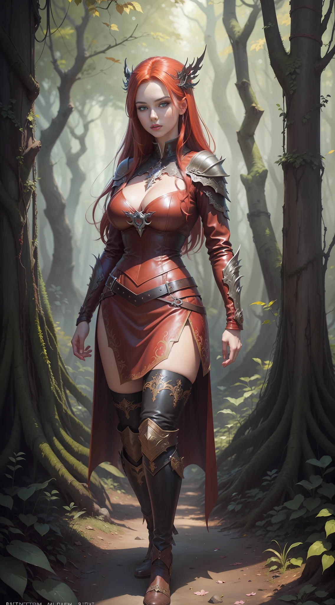 A beautiful maiden, full body, beautiful eyes, red hair, wearing leather clothing in a magical forest, detailed face, fantasy art, artgerm style, illustration, epic, fantasy, intricate, hyper detailed, artstation, concept art, smooth, sharp focus, ray tracing, vibrant