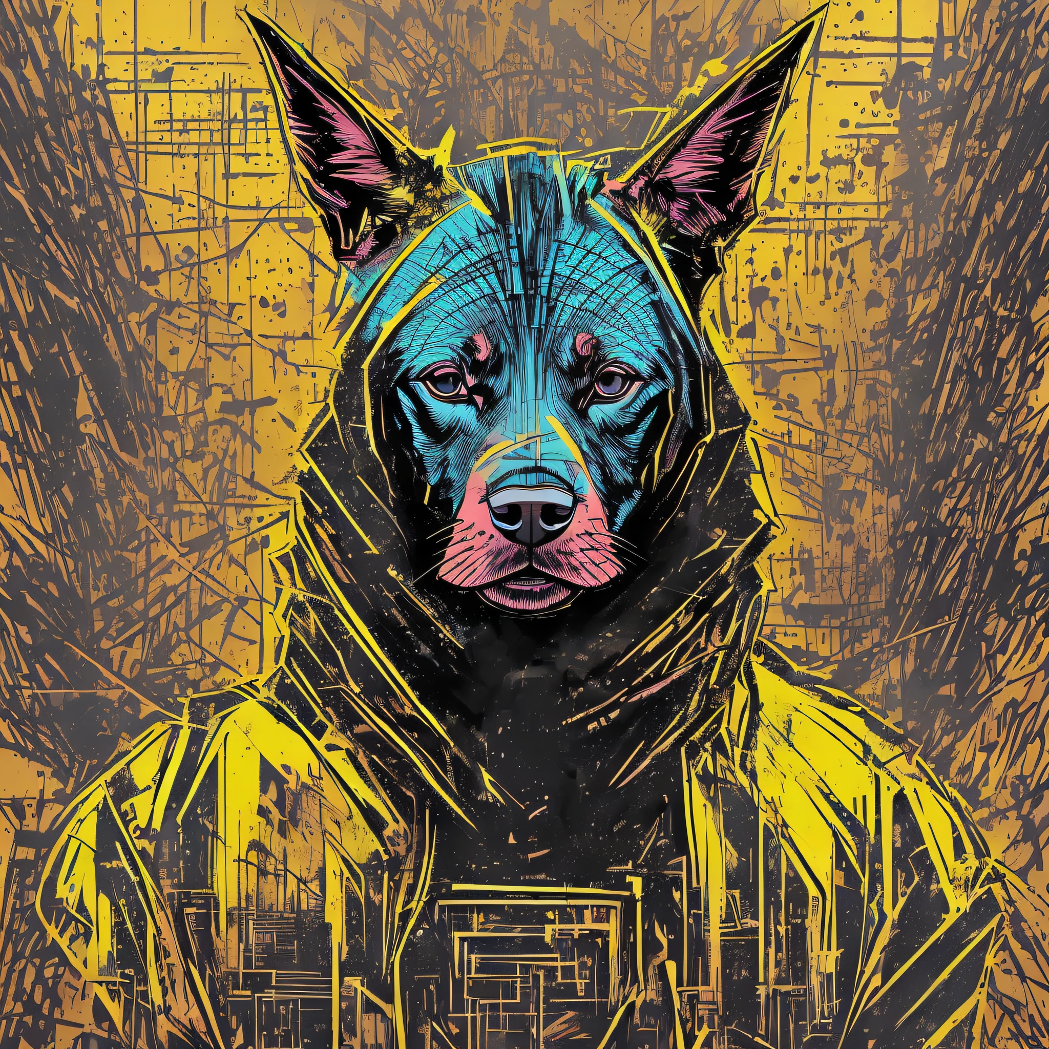 (samdoesarts:1.3), nvinkpunk, articules, horrifying techno-organic mutation (dobermann), portrait, backlighting, abstract, painting, painted by famous artist, ethereal, liquid, abstract, masterpiece, highly detailed, best quality, highest quality, realistic lighting, hyperdetailed, hyperrealism, colors, colorful, coat, sweatshirt --auto --s2